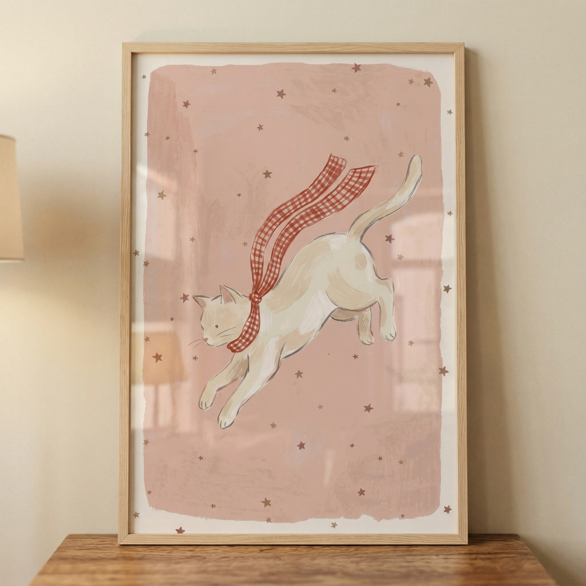 Red Scarf Jumping Cat Wall Art - Starry Scarf Cat