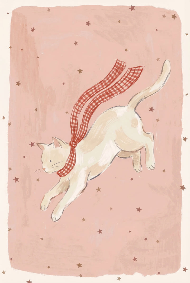 A whimsical illustration of a light cream-colored cat leaping through a soft pink space. The cat wears a long red-and-white checkered scarf tied around its neck, with the ends trailing behind it in the air. Its front paws are extended forward and its tail curves upward. The dusty pink background is filled with small, scattered brown stars, giving the image a dreamy, magical feel. The artwork has a soft, hand-drawn quality with gentle textures throughout.