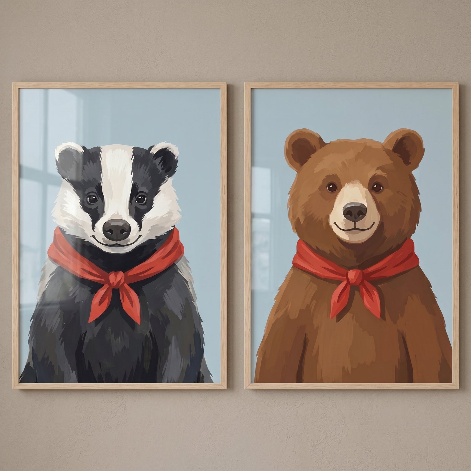 Badger and bear illustrations in this red scarf woodland animal wall art set of 2 with wood frames.