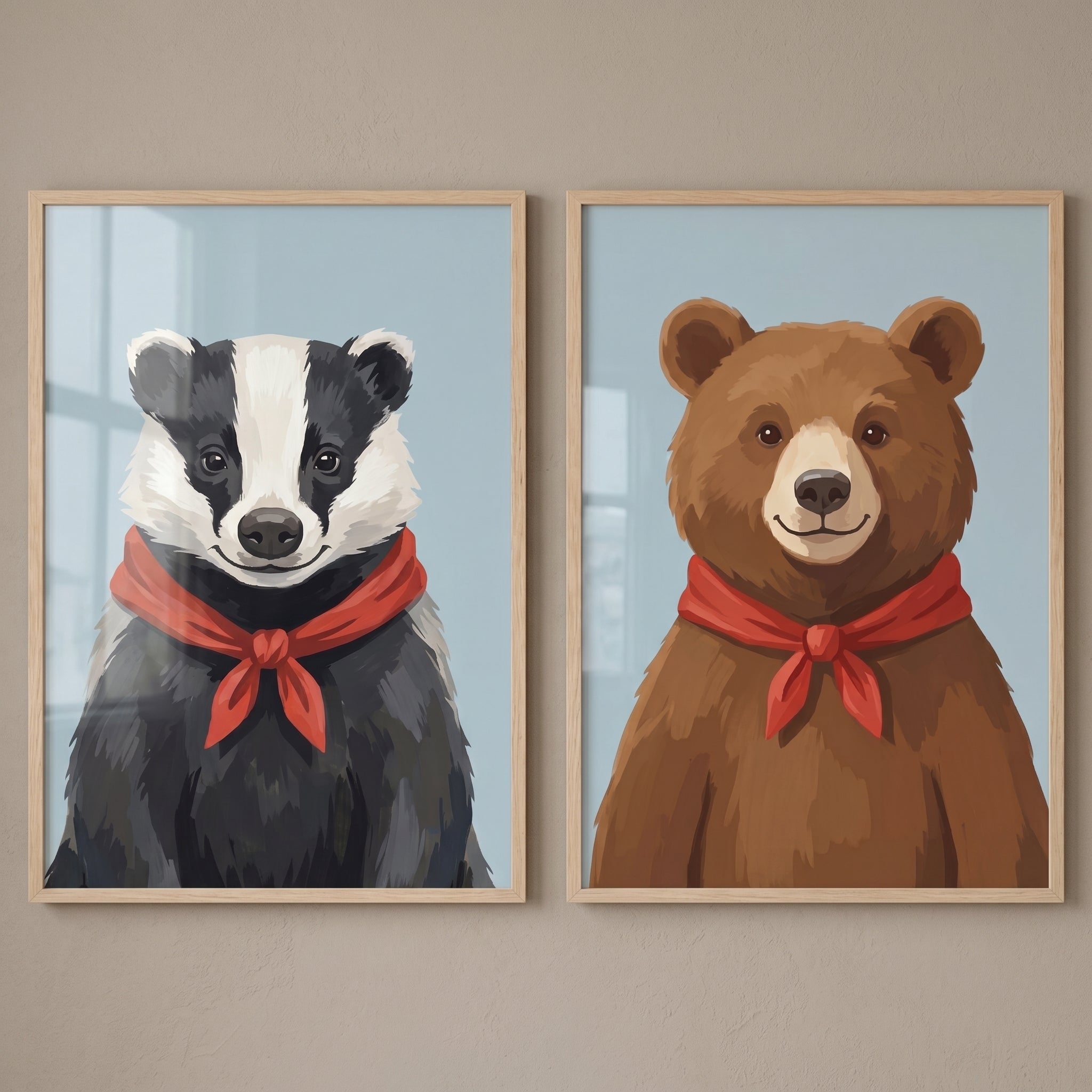 Red Scarf Woodland Animal Wall Art Set of 2 - Woodland Scarf Duo