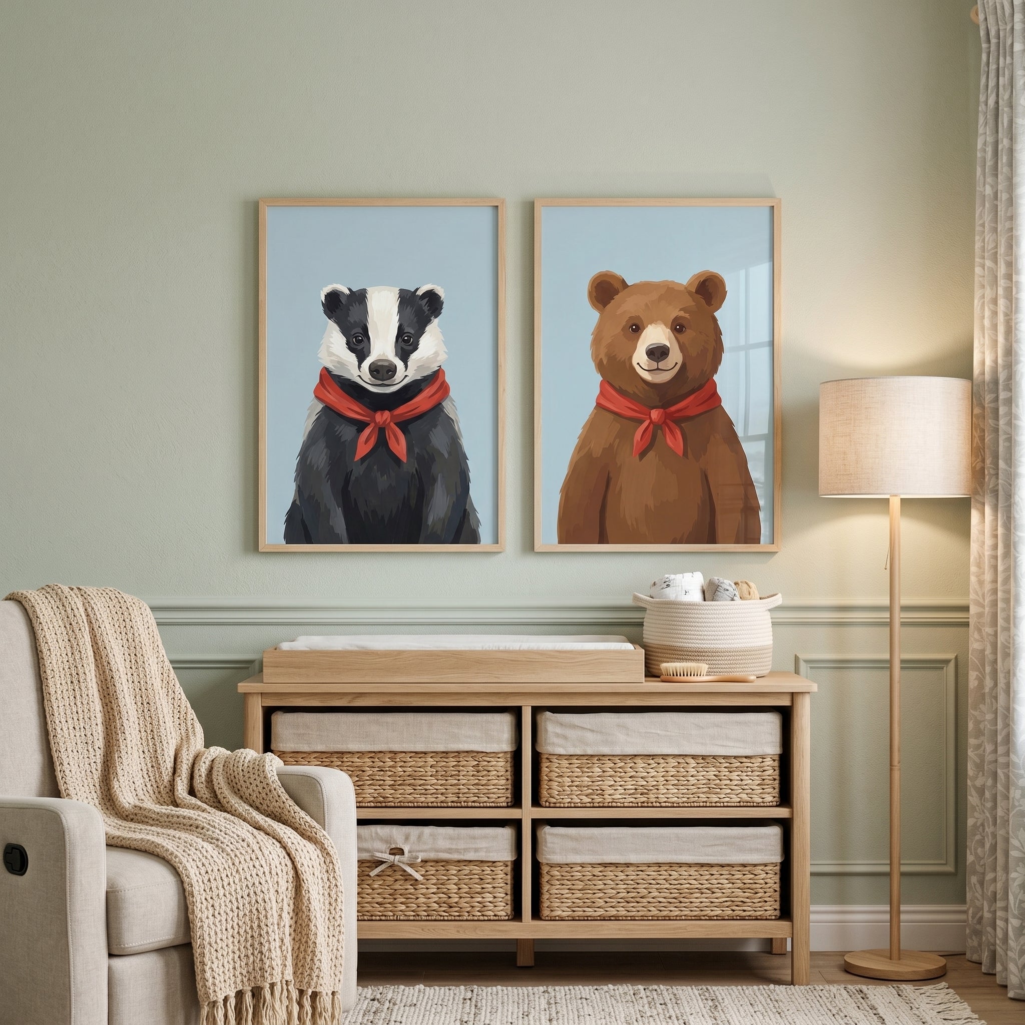 Red Scarf Woodland Animal Wall Art Set of 2 - Woodland Scarf Duo