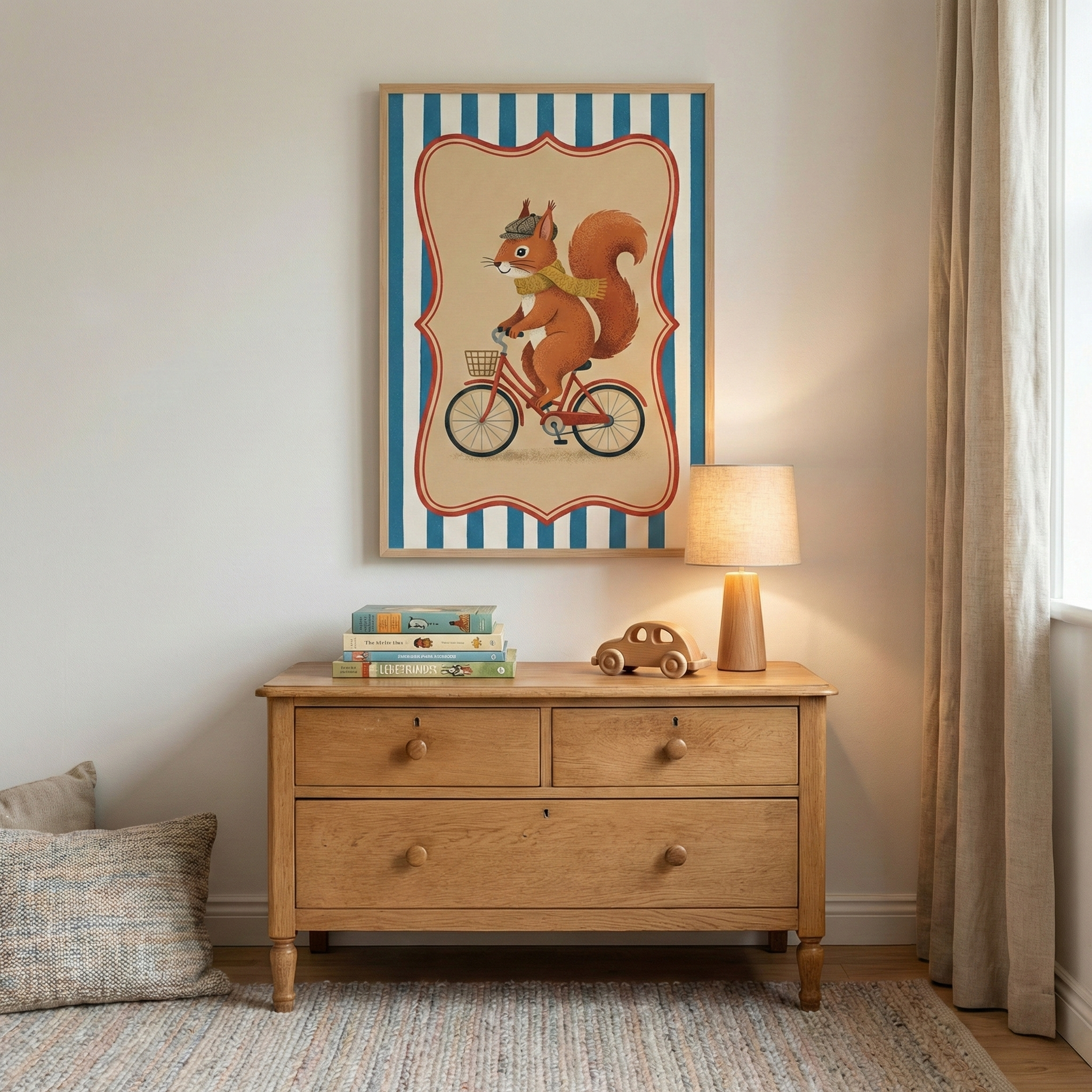A framed illustration of a squirrel riding a red bicycle hangs on a plain, light-colored wall. The squirrel wears a flat cap and a yellow scarf and is positioned within a scalloped border against a blue and white vertically striped background. Below the framed art is a light-wood chest of drawers featuring three drawers with round knobs. A stack of books, a small wooden toy car, and a lamp with a cylindrical wooden base and a beige fabric shade sit on top of the chest. To the left, two textured pillows rest