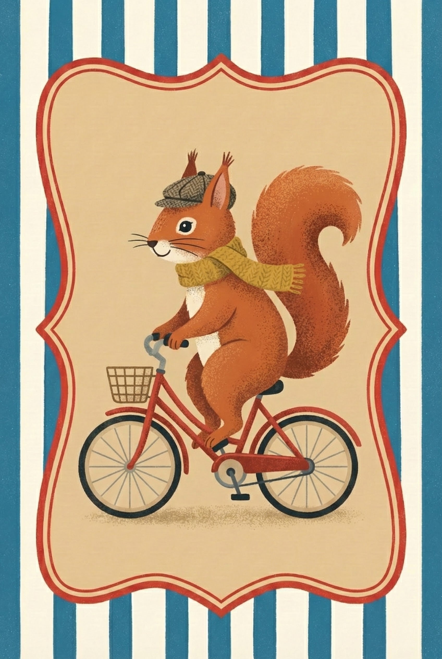 A cheerful red squirrel in a green scarf and checkered cap pedals a red bicycle with a front basket, shown in profile inside a classic striped border.
