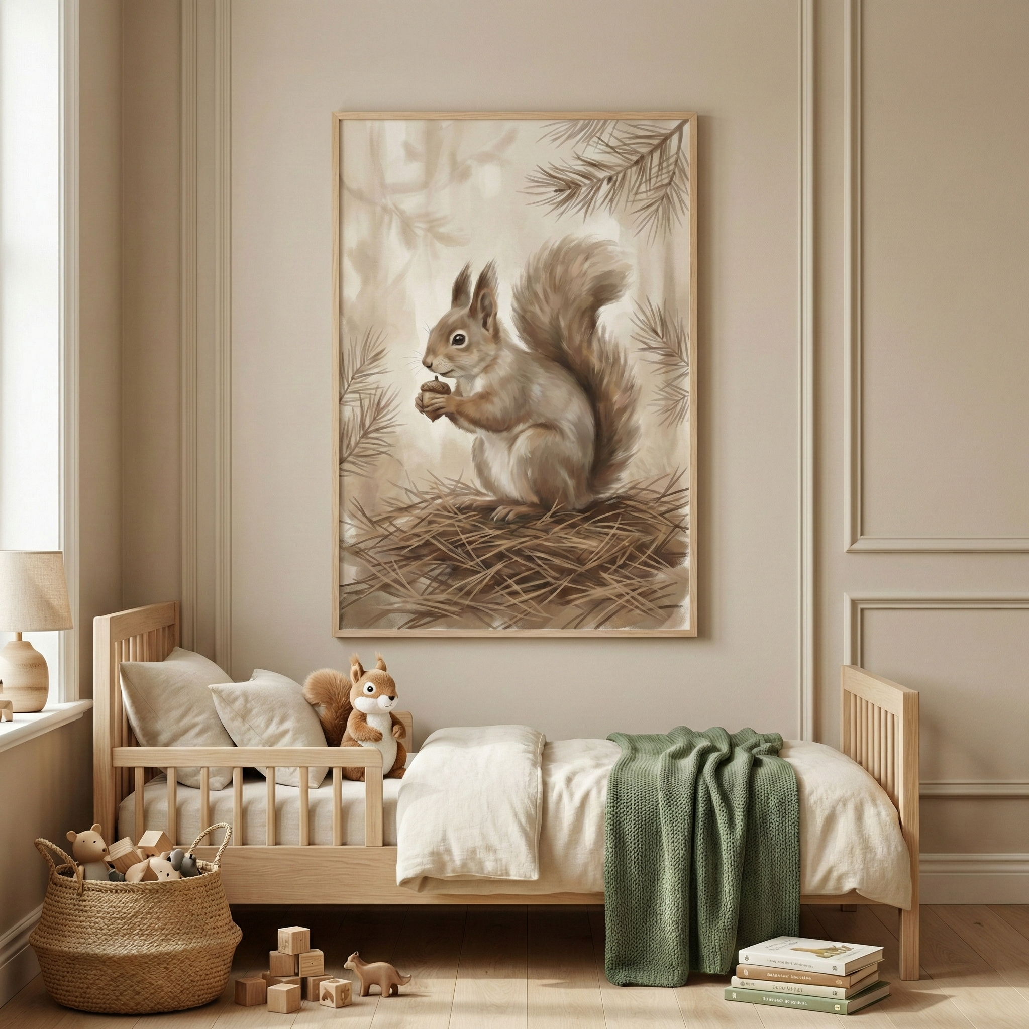 A cozy child's bedroom in neutral tones features a light wood toddler bed with cream bedding and a green knit throw. Above hangs a large framed illustration of a squirrel holding a nut on a pine needle nest. A plush squirrel sits on the bed. On the floor, a woven basket contains toys next to wooden blocks and a small wooden animal. A stack of books sits nearby. The room has beige walls with molding and is filled with soft natural light.