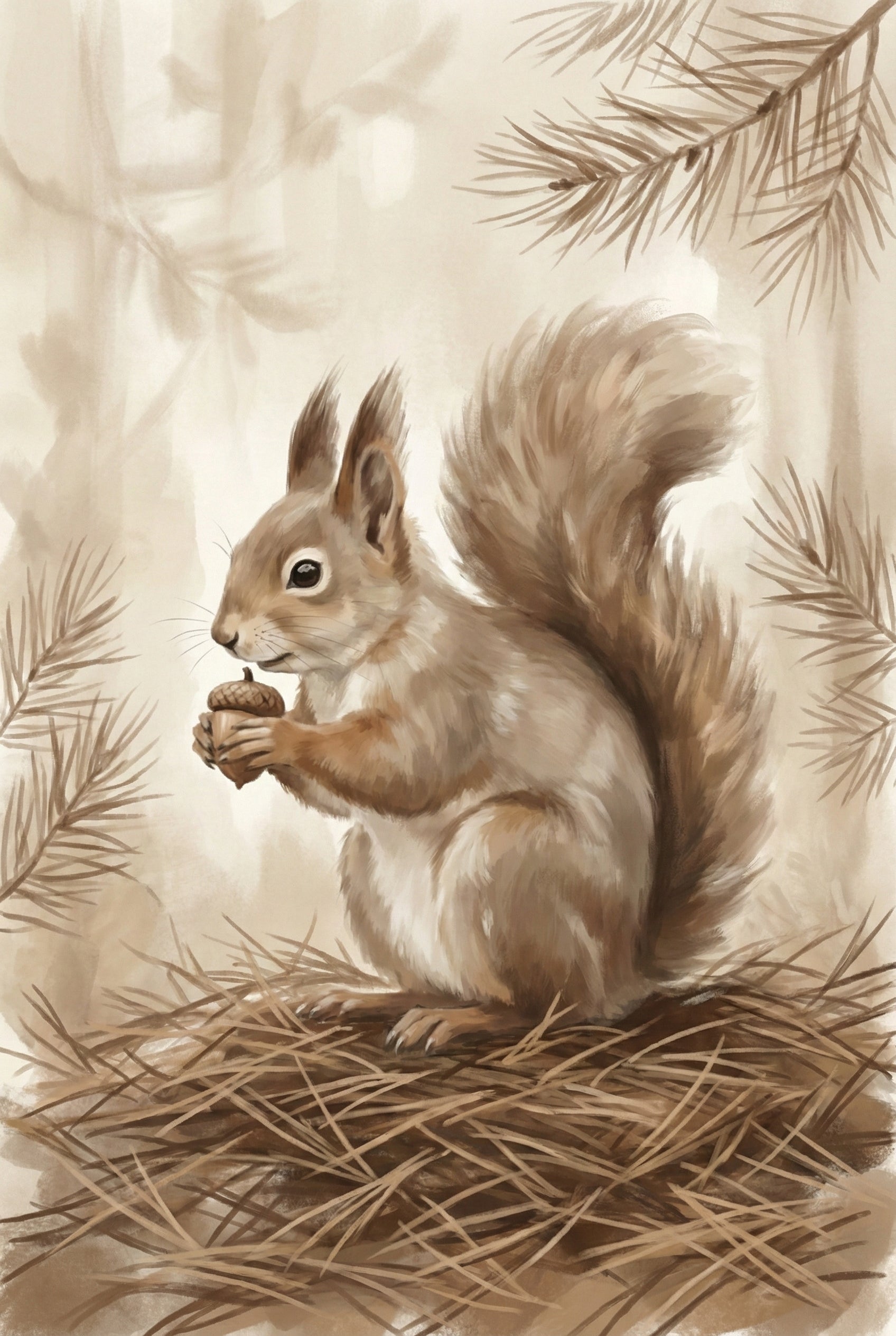 Vintage-style watercolor painting of a red squirrel holding an acorn while sitting on a nest of pine needles, rendered in warm earthy beige tones.

