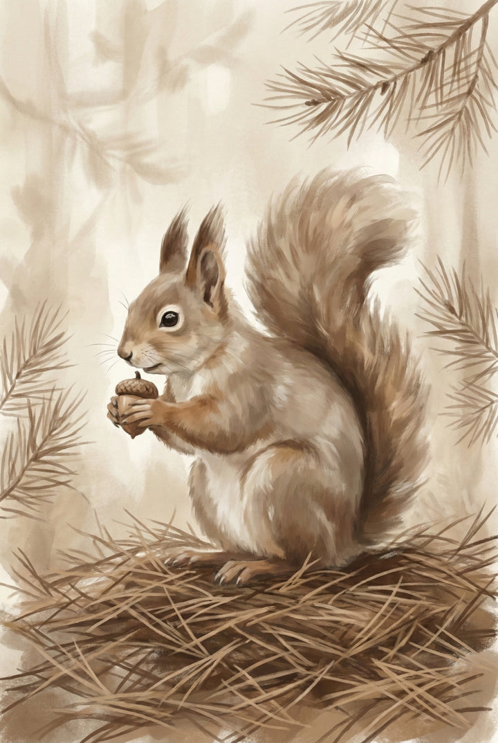 Vintage-style watercolor painting of a red squirrel holding an acorn while sitting on a nest of pine needles, rendered in warm earthy beige tones.

