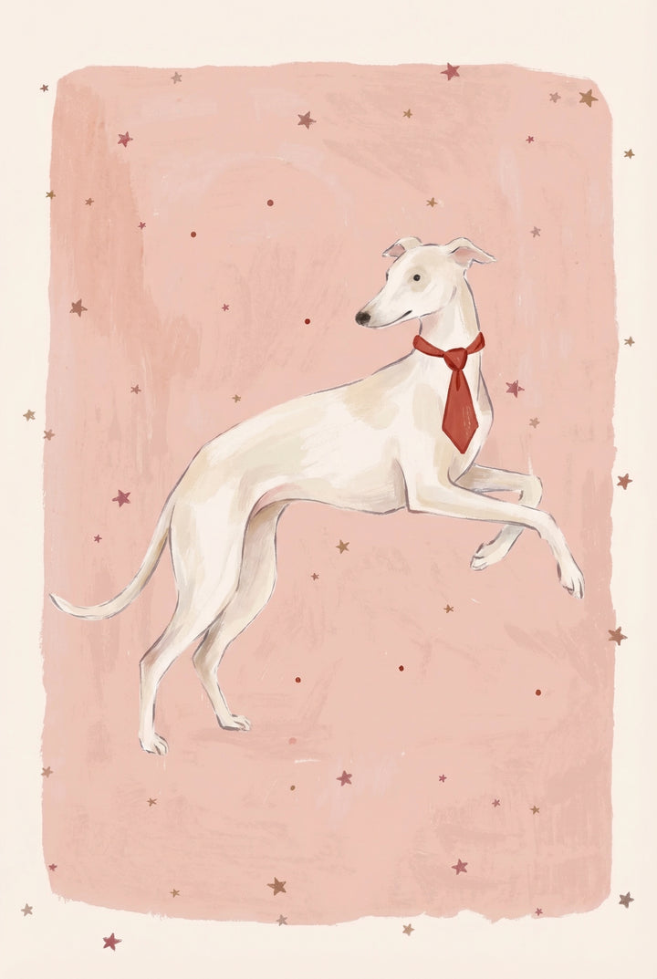 An illustration of a slender, cream-colored dog with long legs and a thin tail, wearing a red necktie. The dog is captured mid-leap, facing right with its head turned back. It is set against a soft, textured pink background decorated with small, scattered red and gold stars and tiny dots. The entire artwork has a gentle, hand-drawn feel with a white border surrounding the pink central area.
