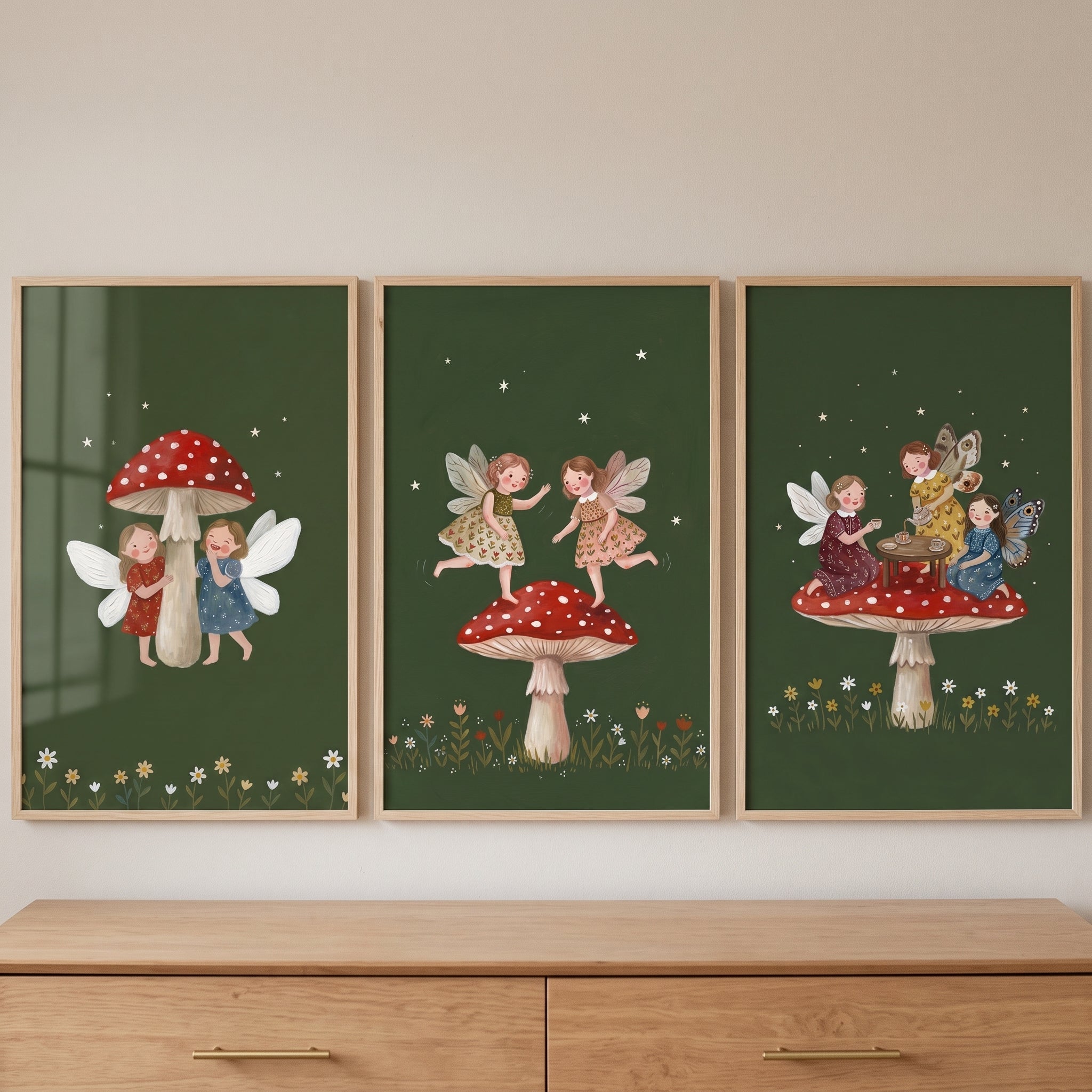 Red Toadstool Forest Fairies Wall Art Set of 3 - Whimsical Fairy Forest