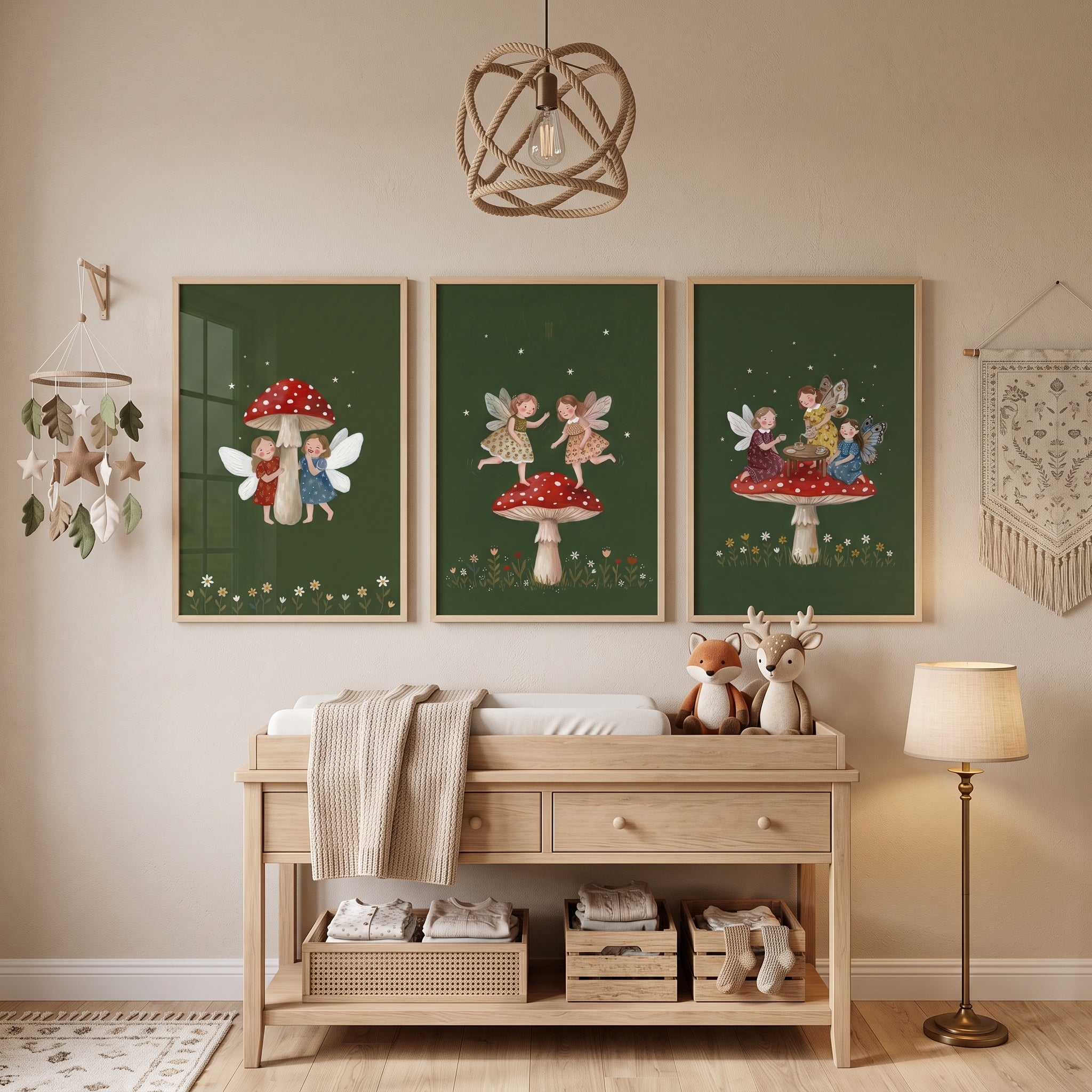 Red Toadstool Forest Fairies Wall Art Set of 3 - Whimsical Fairy Forest
