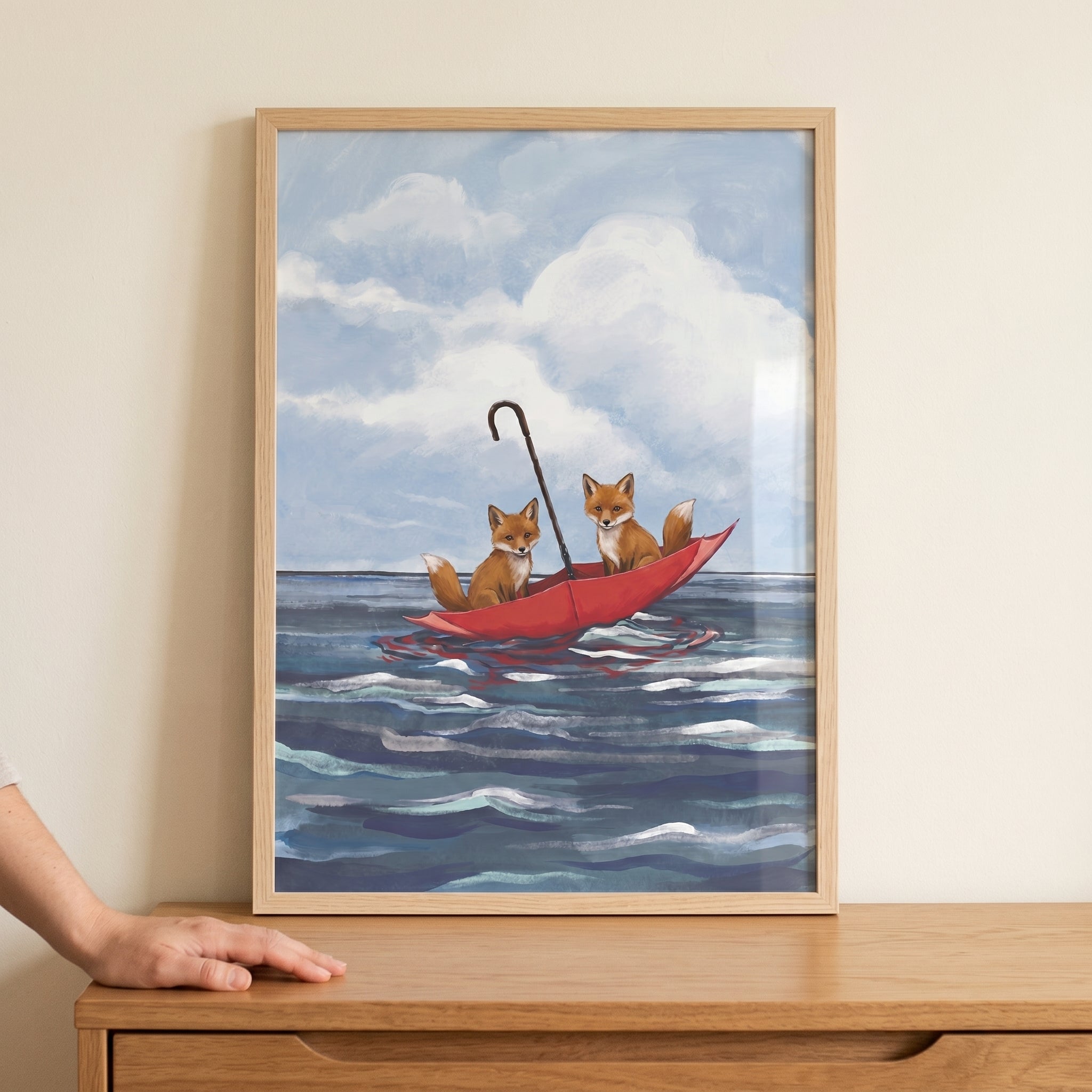 Red Umbrella Boat Fox Wall Art - Foxes Adrift