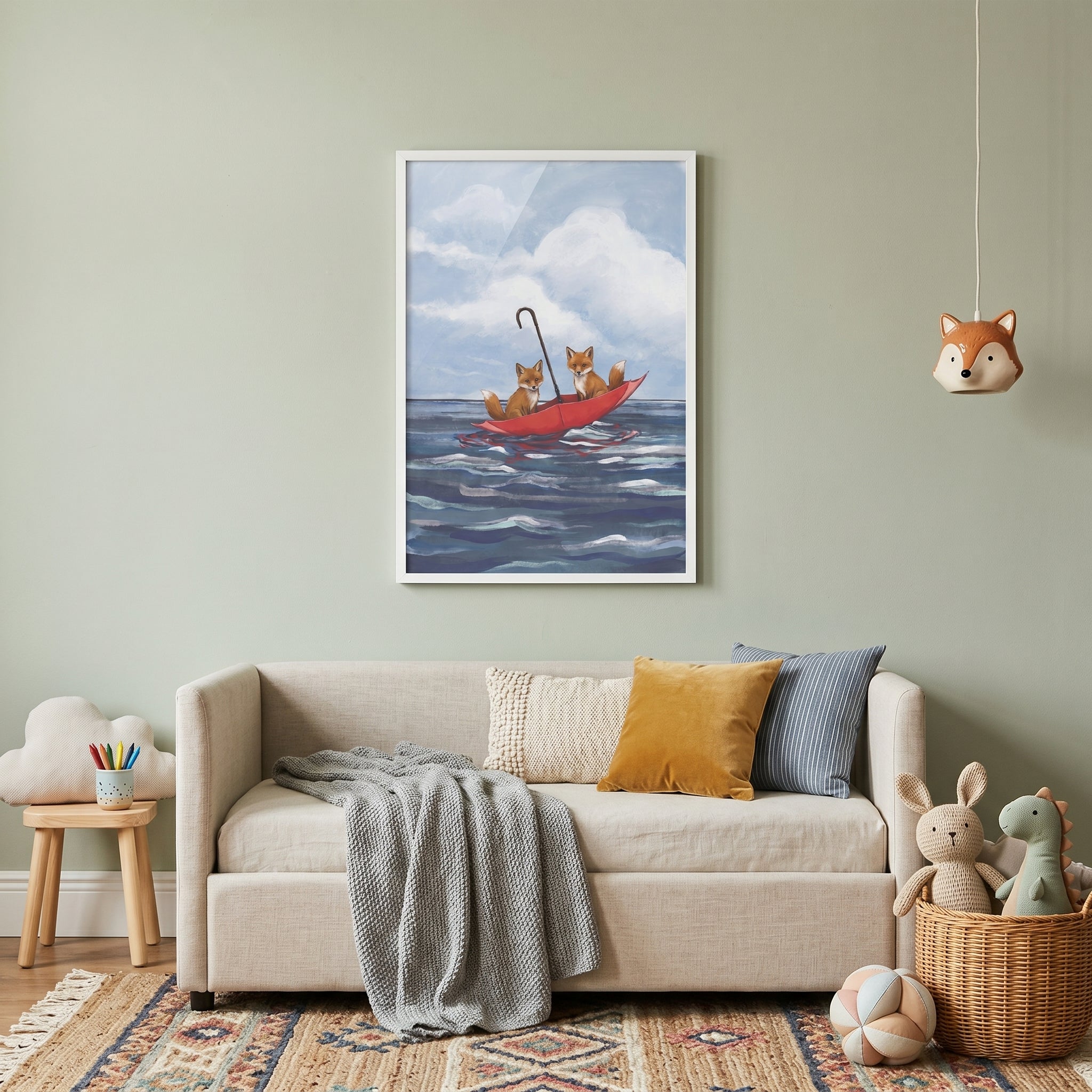 Red Umbrella Boat Fox Wall Art - Foxes Adrift