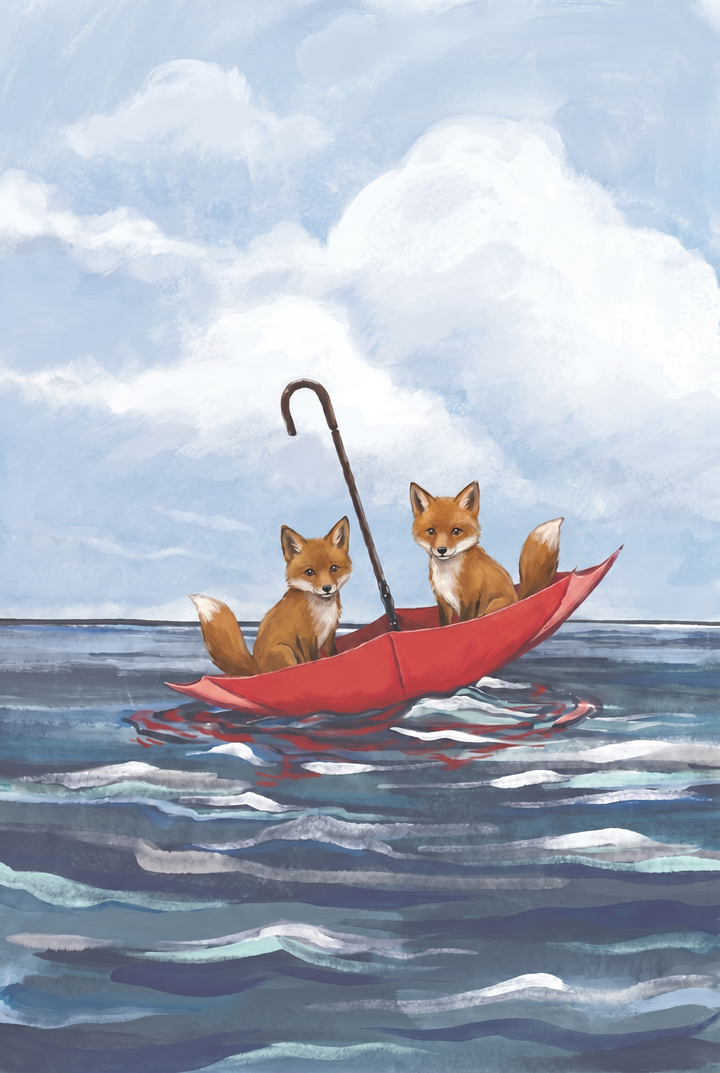 Two foxes float on ocean waves in a red umbrella boat fox wall art illustration beneath a cloudy sky.