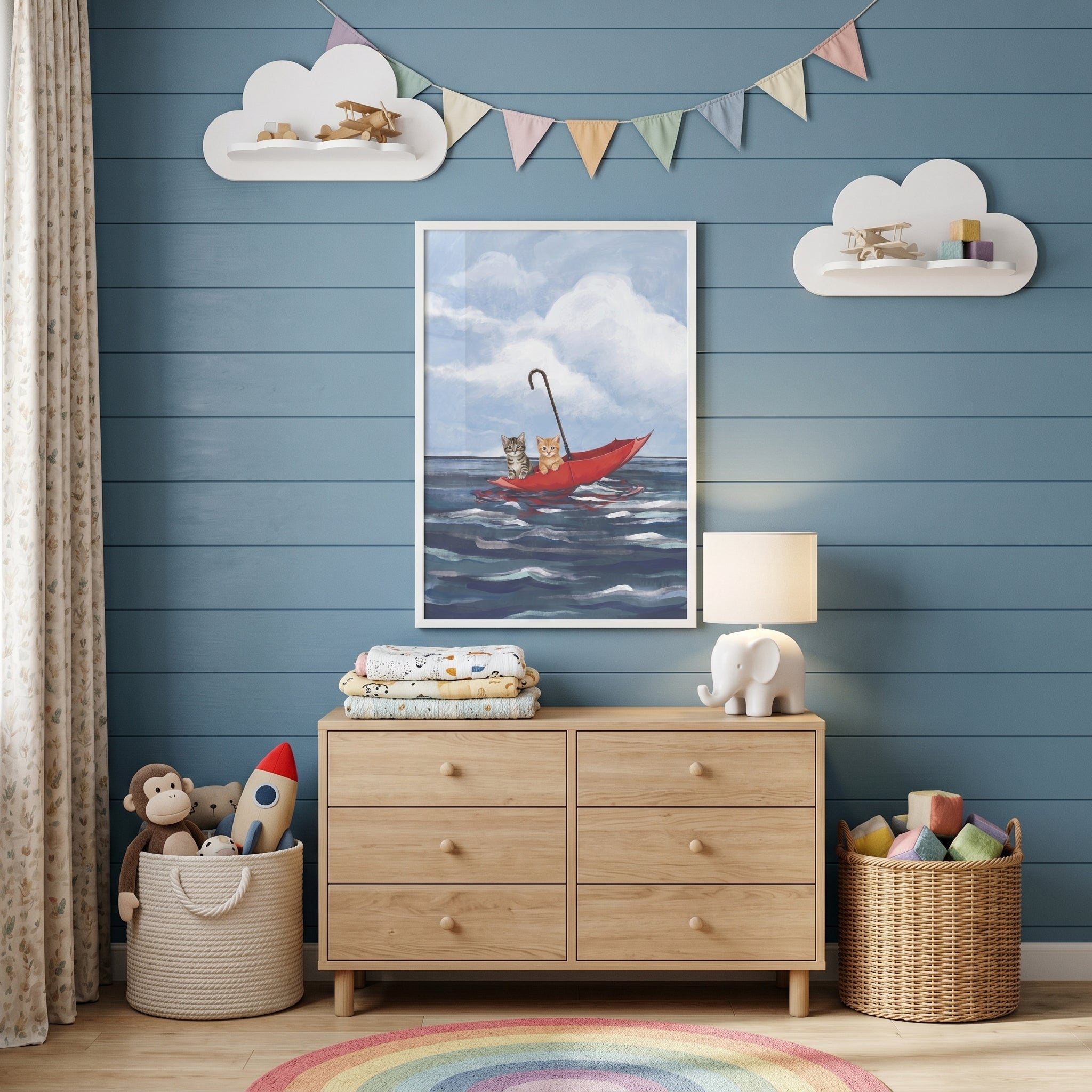 Red Umbrella Boat Kittens Wall Art - Floating Feline Friends