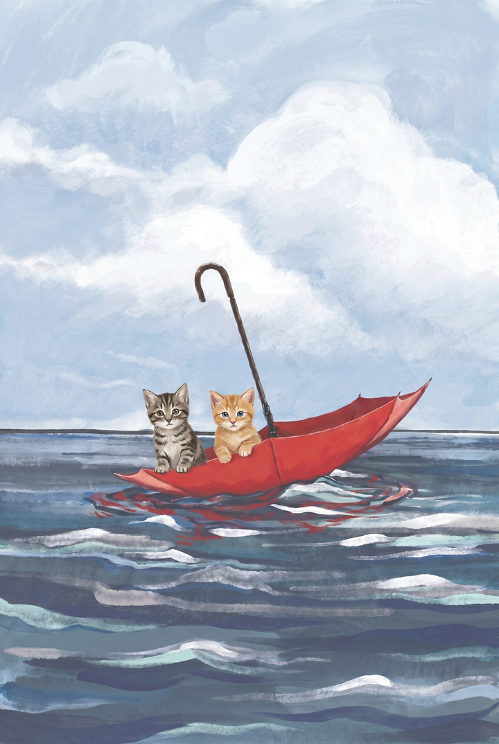 Tabby and ginger kittens float on blue ocean waves in this red umbrella boat kittens wall art under a soft cloudy sky.