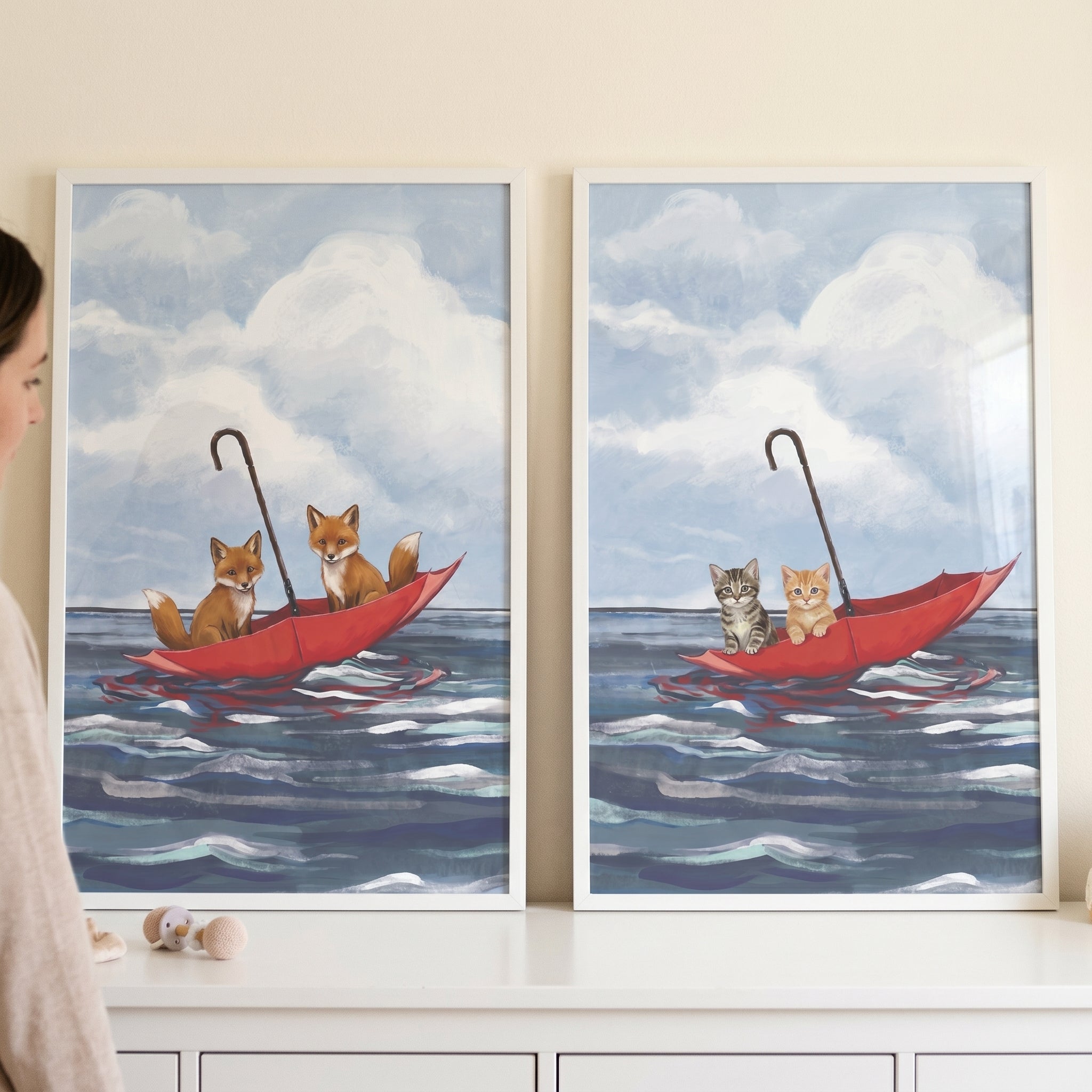 Red Umbrella Voyage Animals Wall Art Set of 2 - Umbrella Sea Voyage