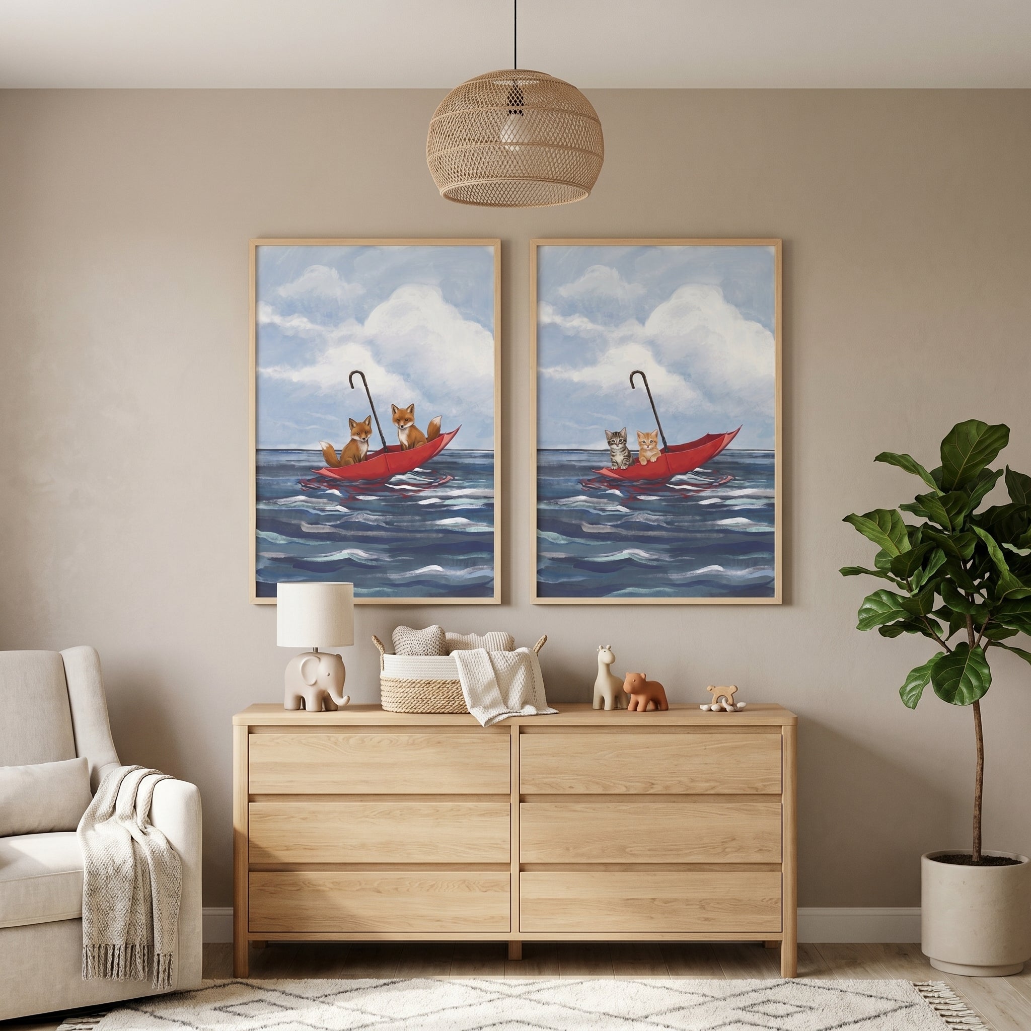 Red Umbrella Voyage Animals Wall Art Set of 2 - Umbrella Sea Voyage