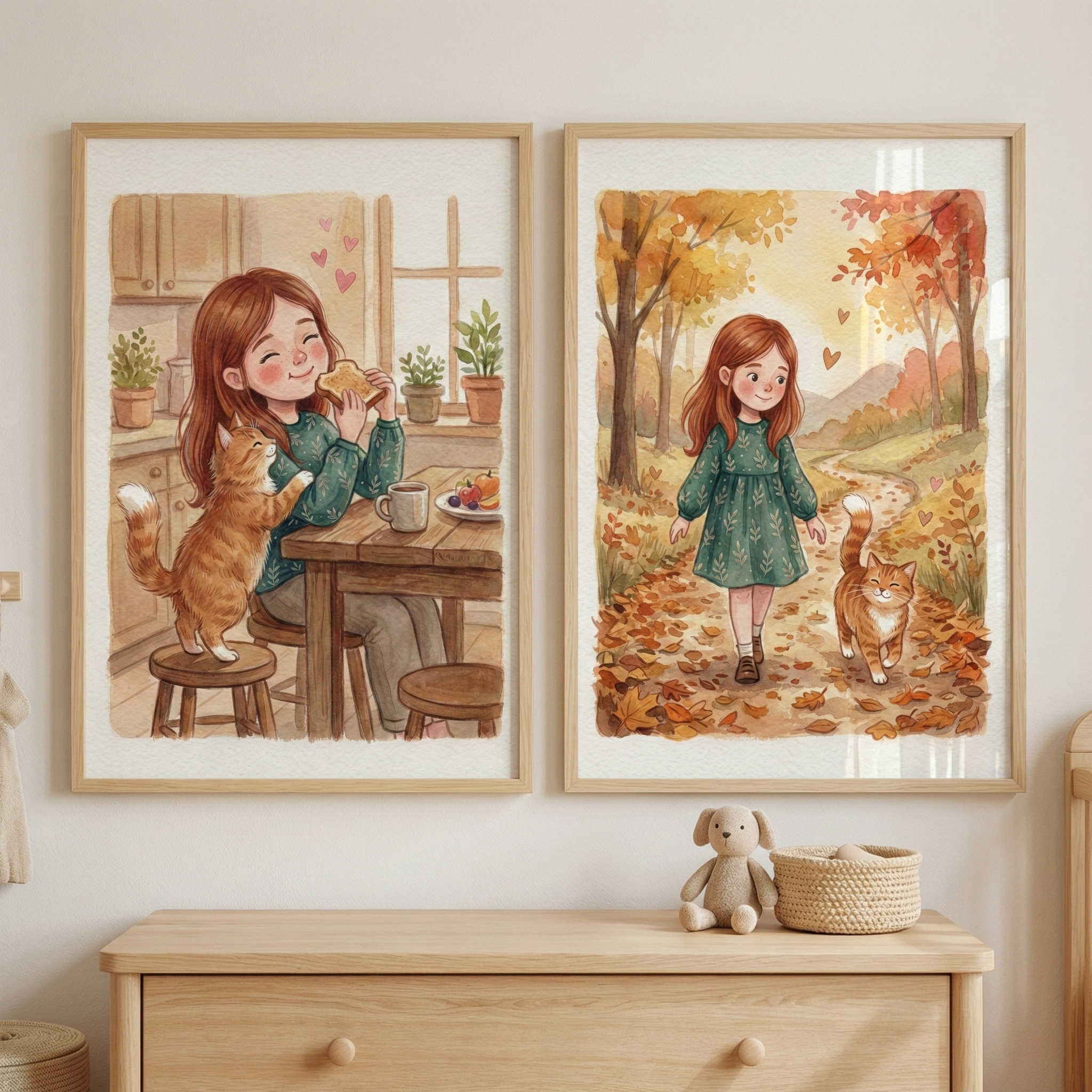 Girl And Cat Wall Art Set of 2 - Cozy Autumn Days