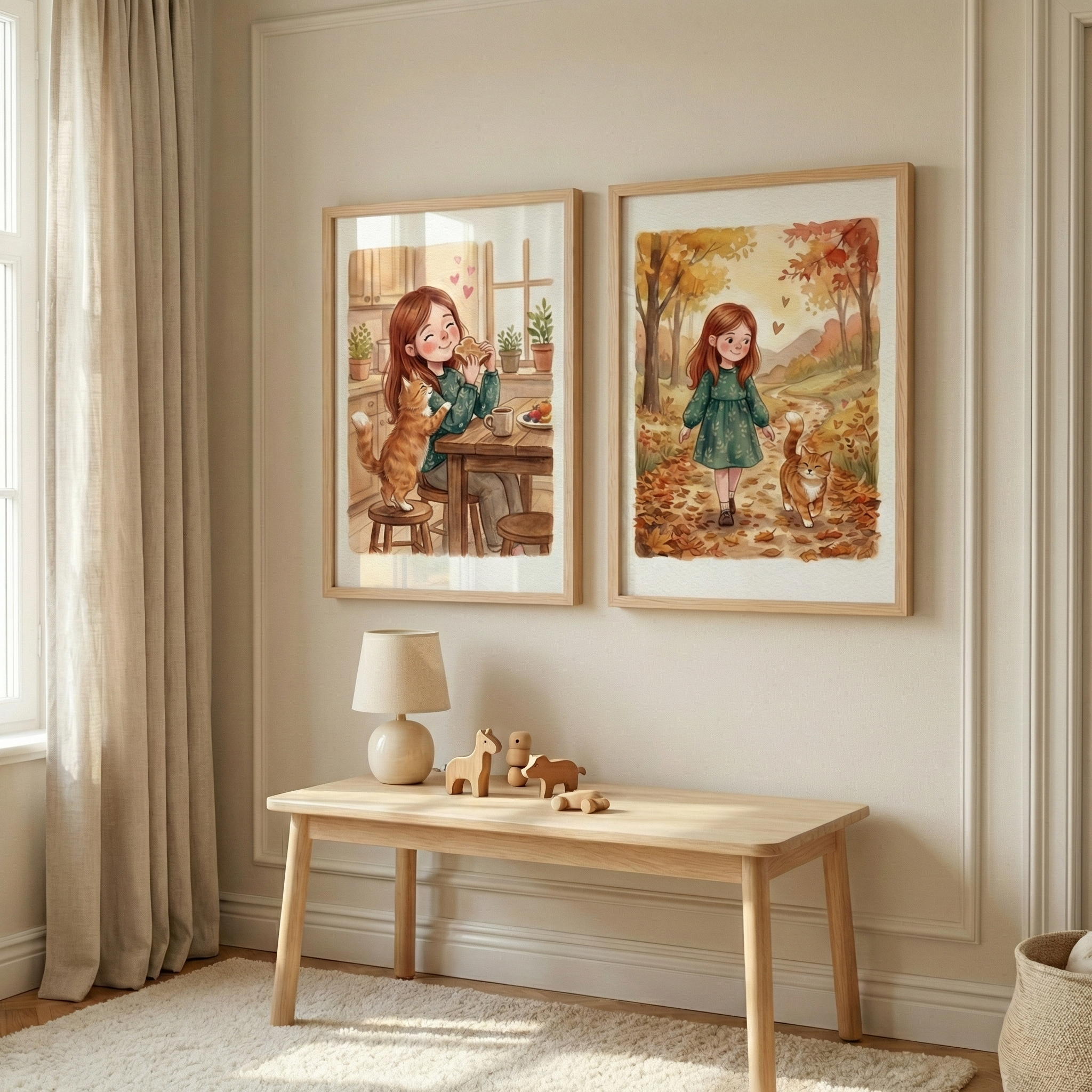 Girl And Cat Wall Art Set of 2 - Cozy Autumn Days