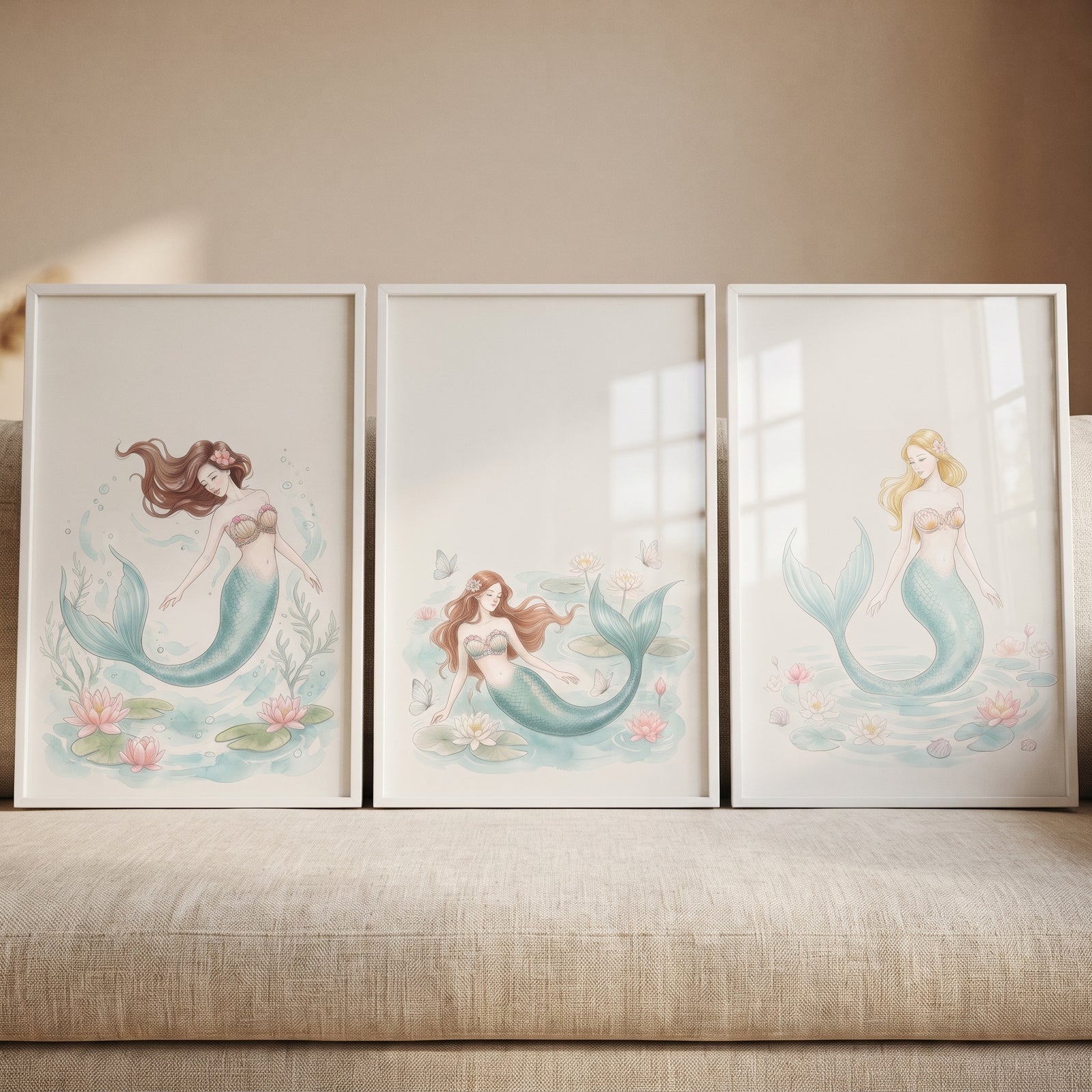 Refined aquatic mythical mermaid wall art set of 3 features watercolor mermaids and lily pads in white frames on a sofa.