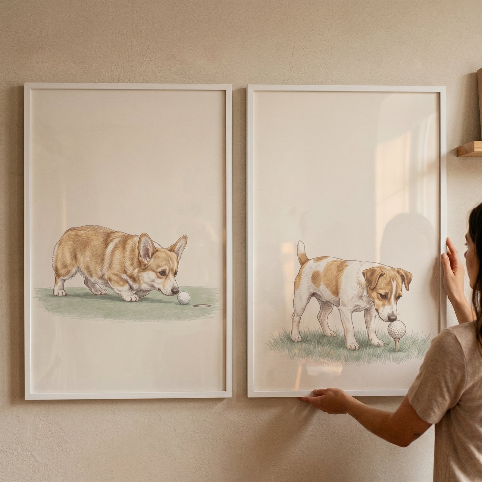 Refined cream golfing dogs wall art set of 2 featuring a corgi and a Jack Russell terrier with golf balls on a cream wall.
