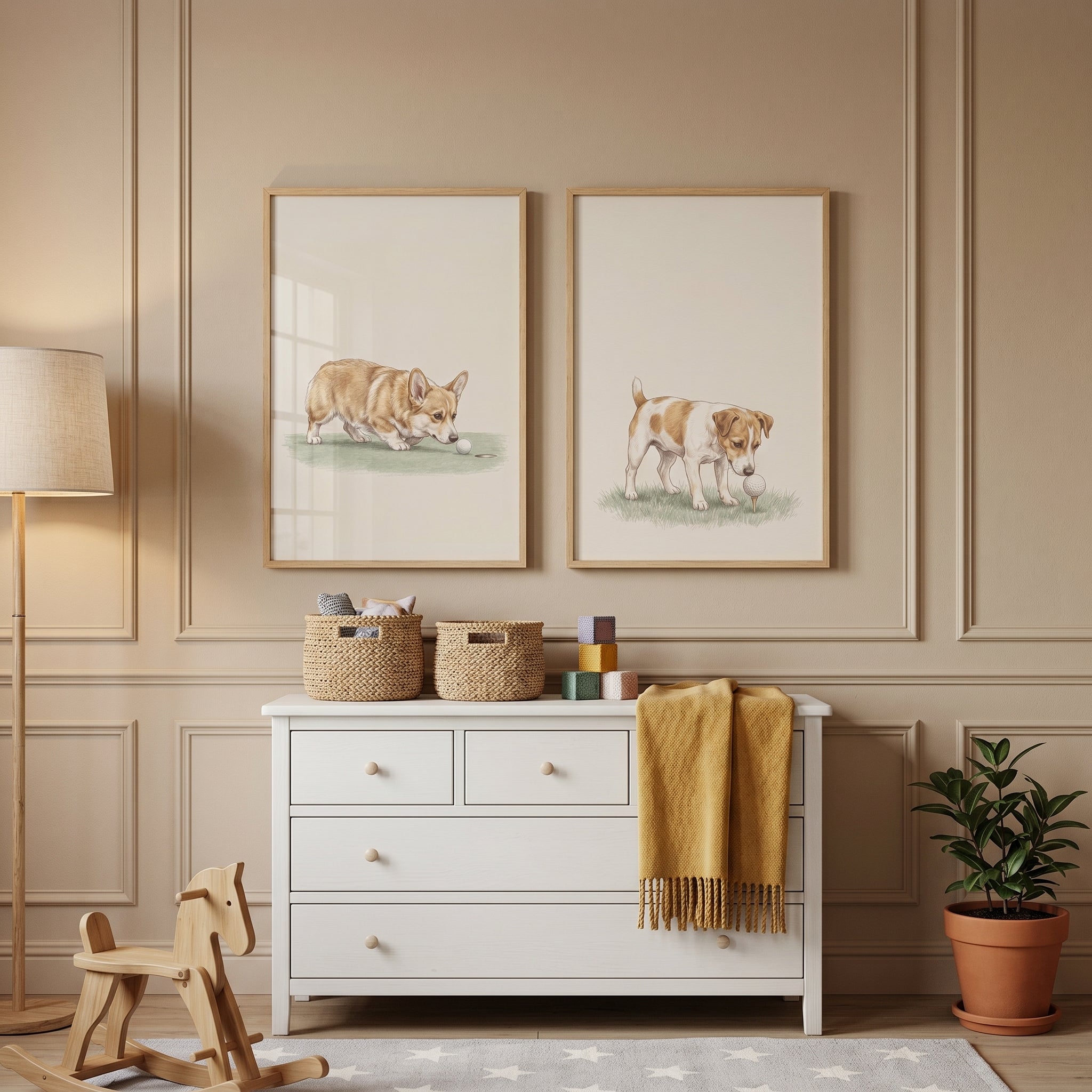 Refined Cream Golfing Dogs Wall Art Set of 2 - Canine Caddies