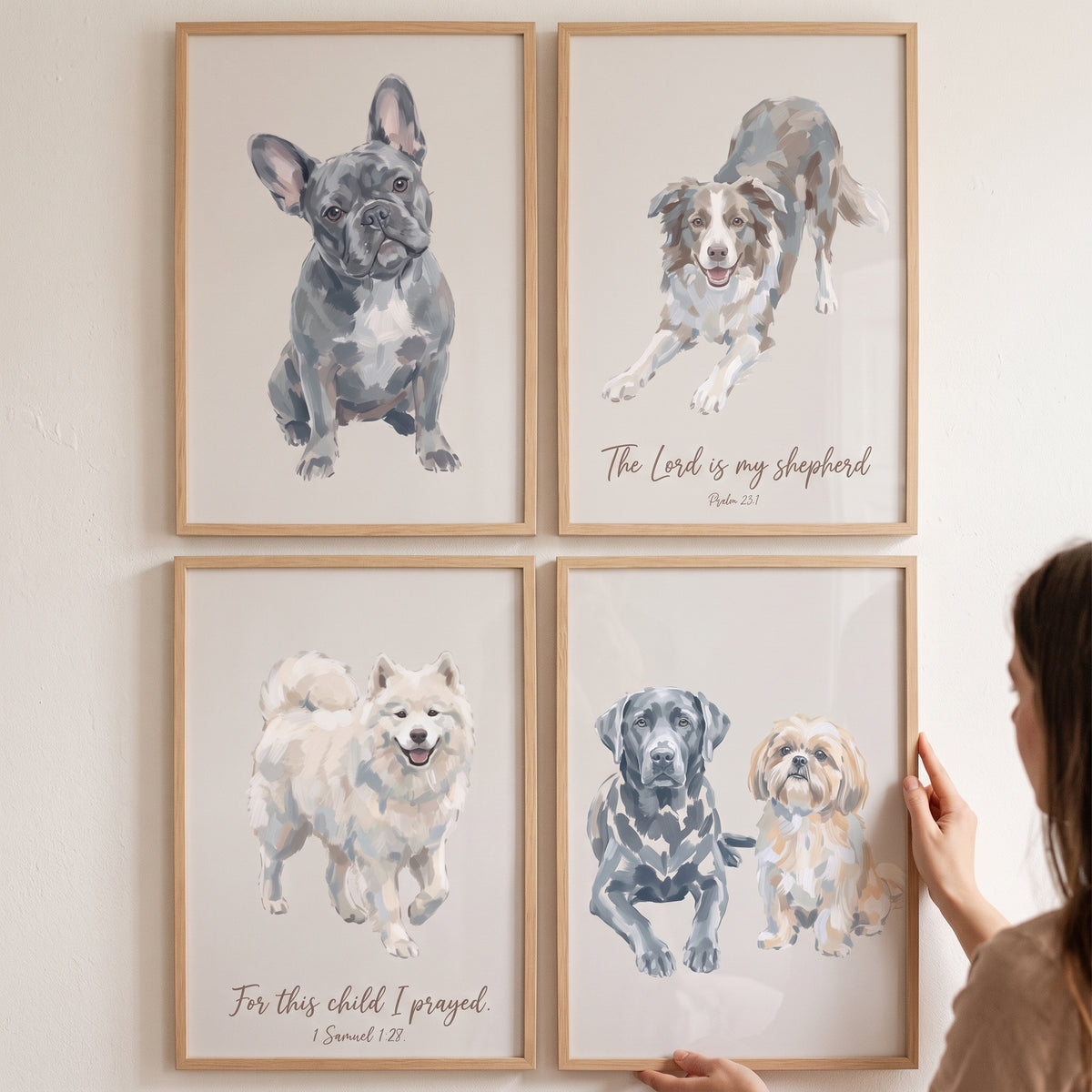 Refined neutral bible dogs artwork set of 4 featuring dog illustrations and scripture verses being hung on a white wall.