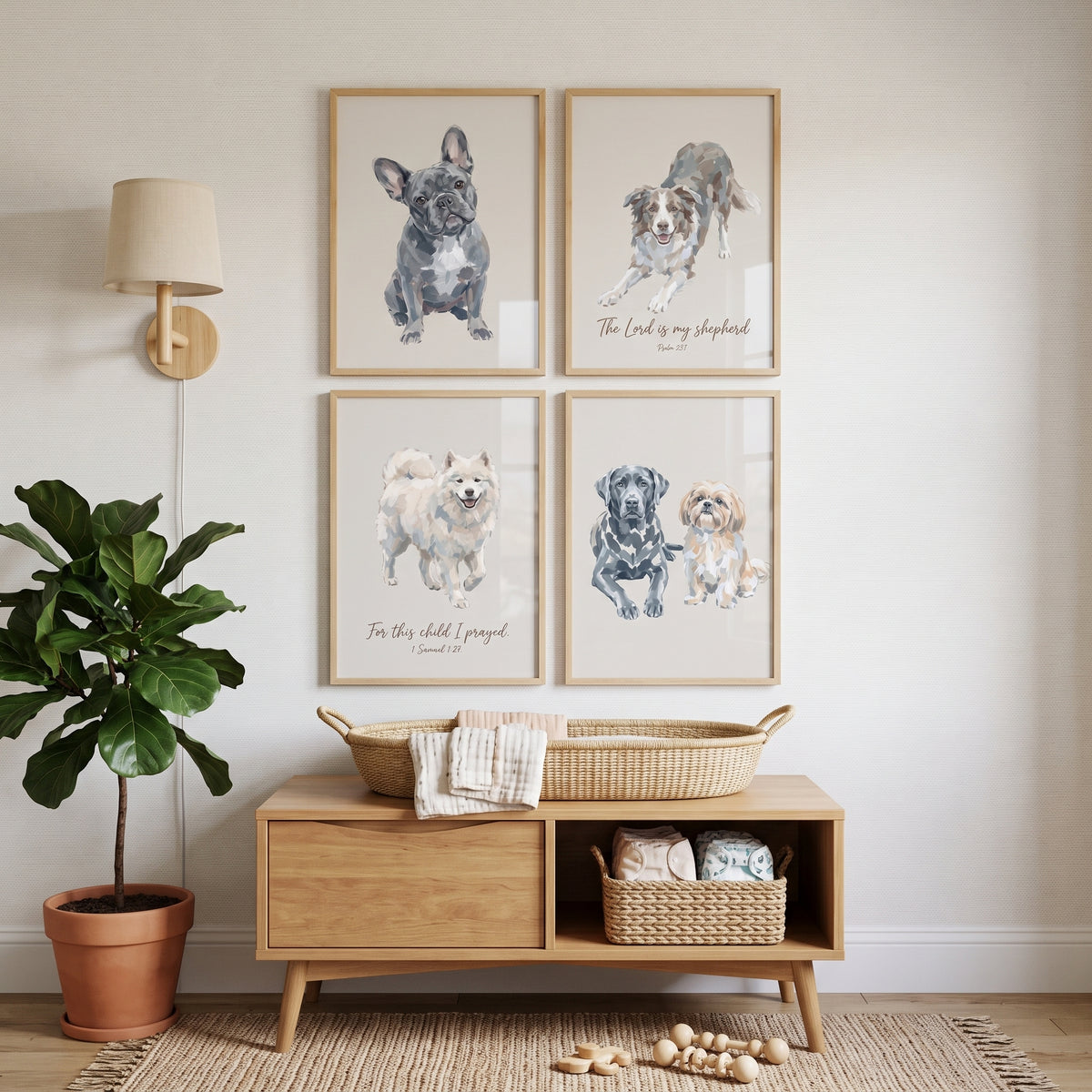 Refined Neutral Bible Dogs Artwork Set of 4 - Scripture Dog Prints