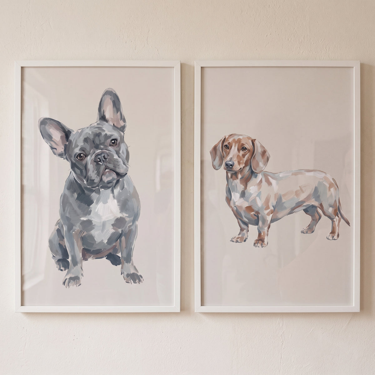 Refined neutral watercolor dogs wall art set of 2 featuring a grey French Bulldog and a dapple Dachshund in white frames.