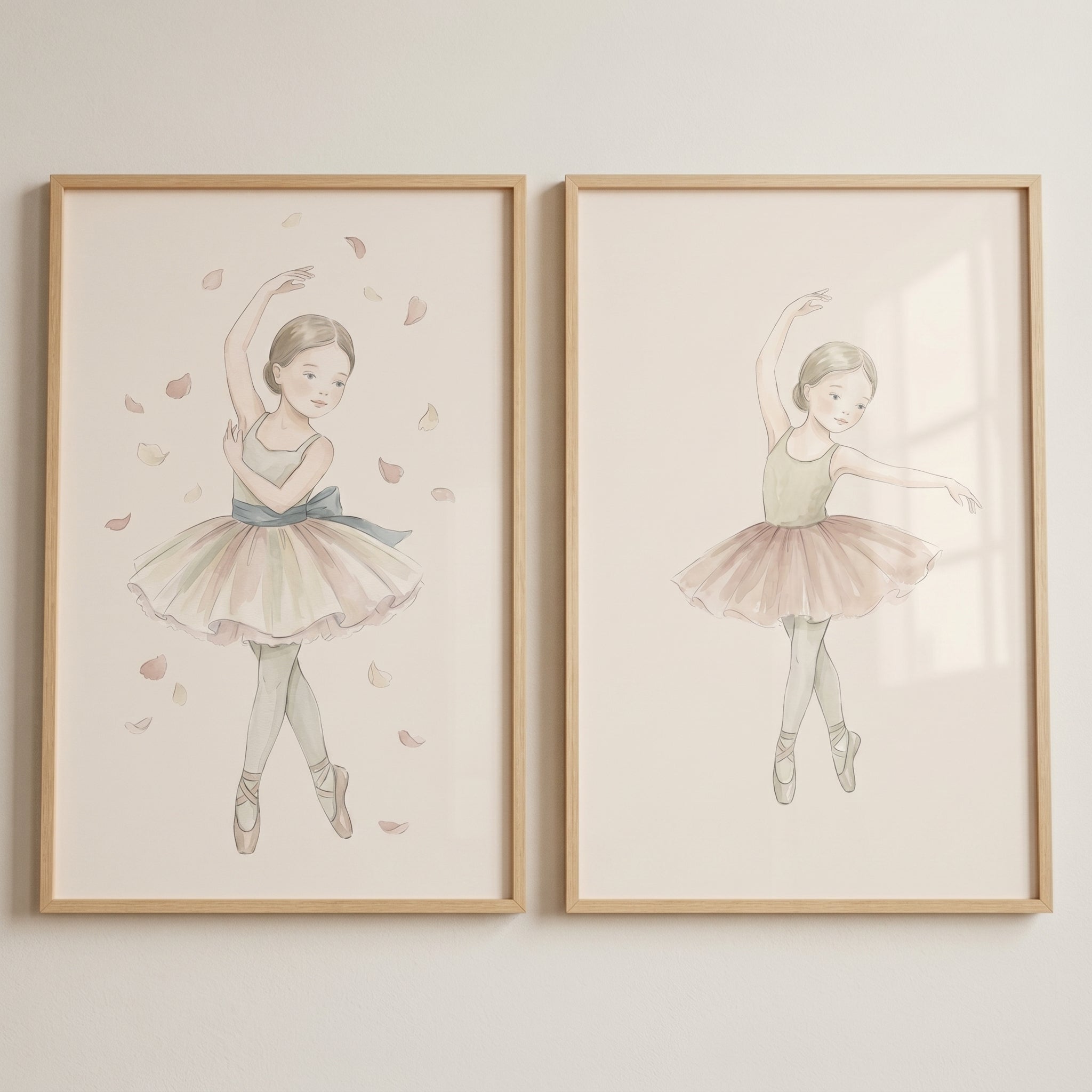 Refined Pastel Watercolor Ballerina Wall Art Set of 2 - Soft Petal Dance