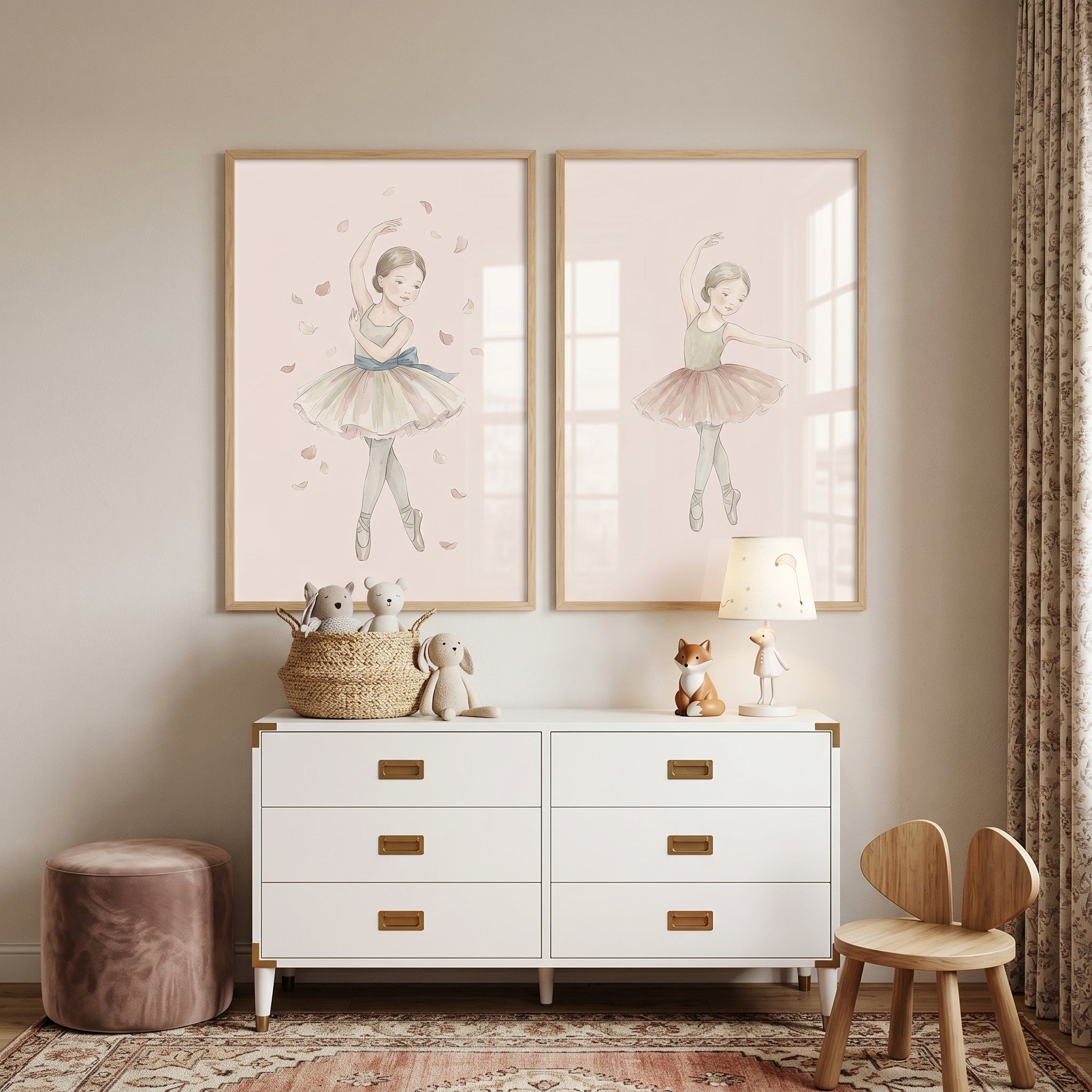 Refined Pastel Watercolor Ballerina Wall Art Set of 2 - Soft Petal Dance