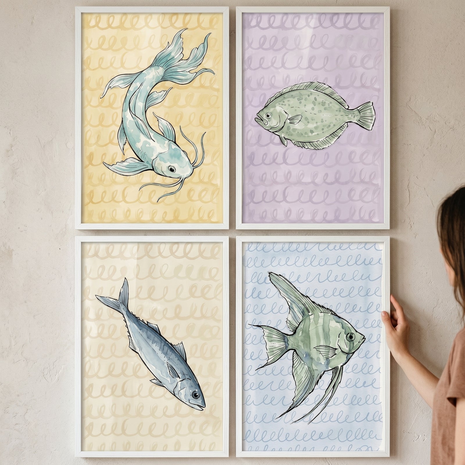 Refined pastel watercolor fish wall art set of 4 featuring koi, flounder, tuna, and angelfish illustrations.