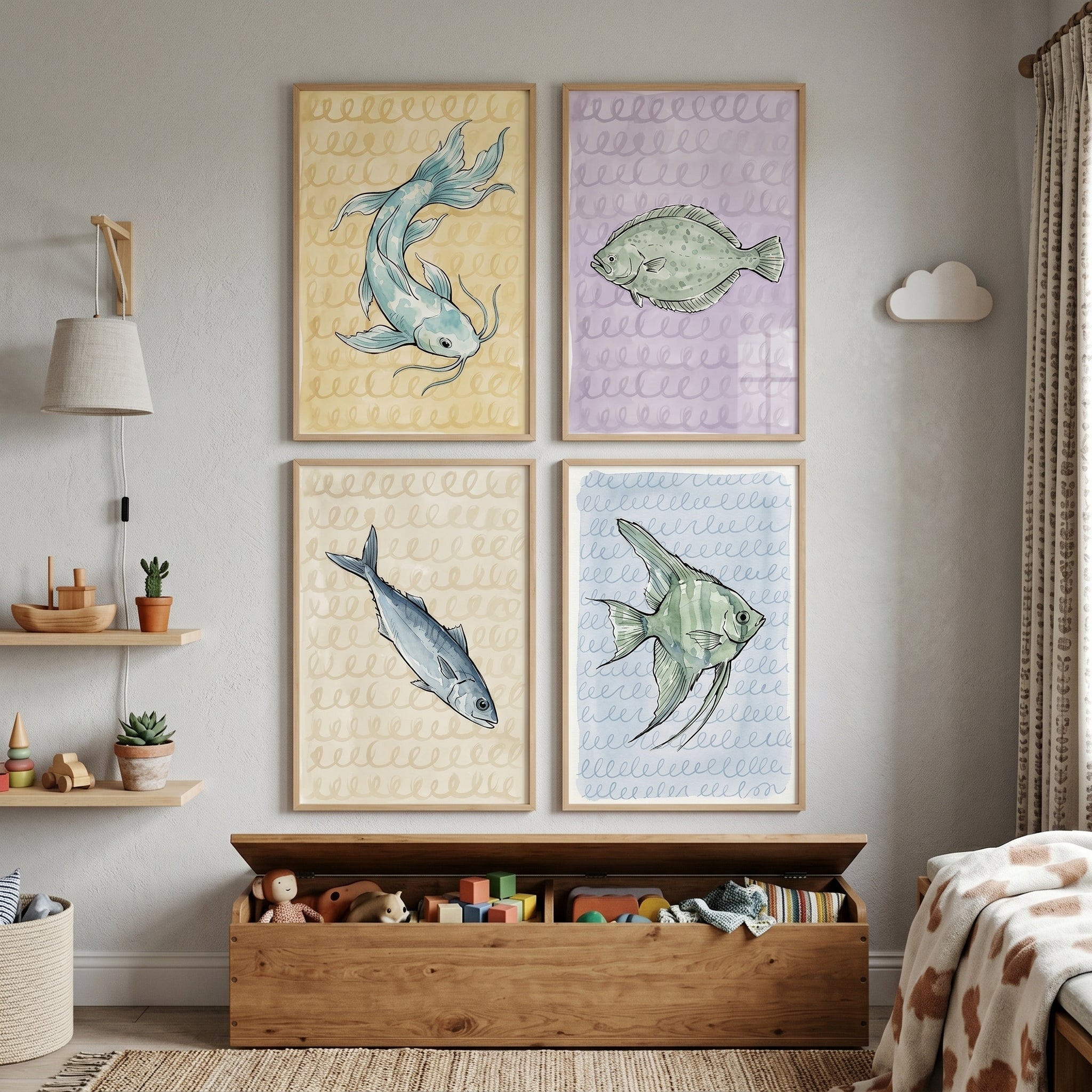 Refined Pastel Watercolor Fish Wall Art Set of 4 - Aquatic Life Sketches