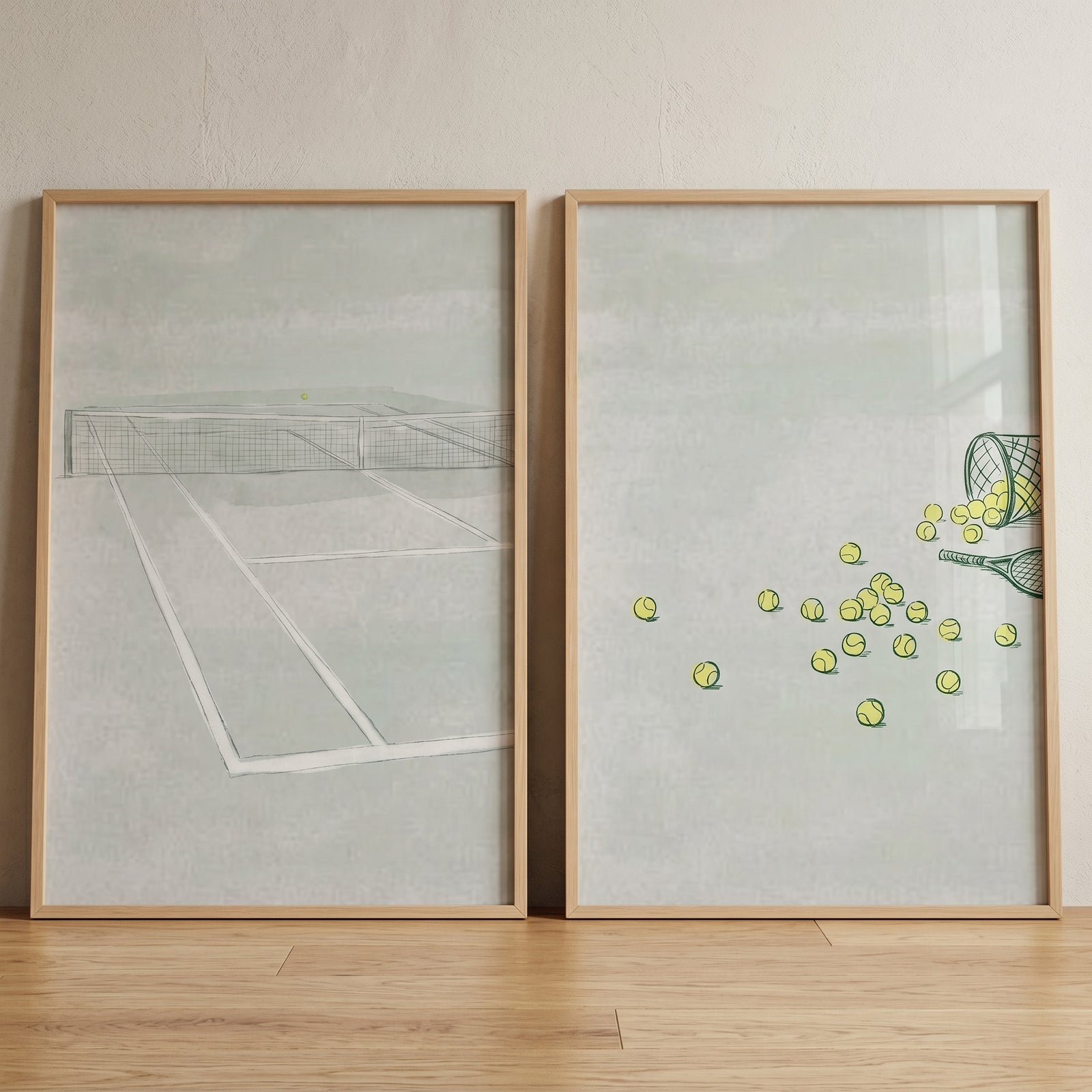 Refined sage tennis wall art set of 2 featuring a minimalist court and scattered yellow balls in light wood frames.