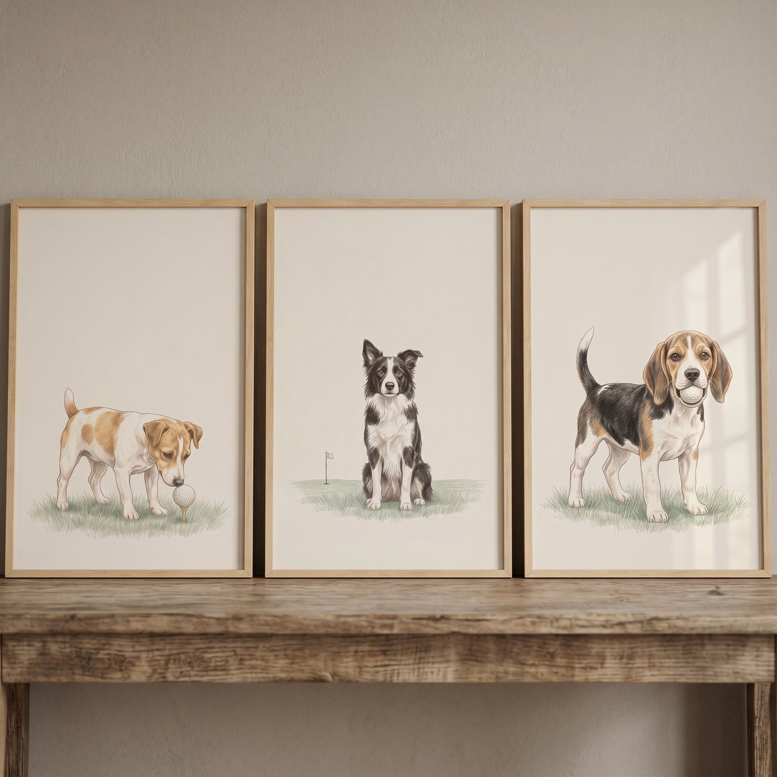 Refined vintage golfing dogs artwork set of 3 featuring a Jack Russell, Border Collie, and Beagle on a rustic table.