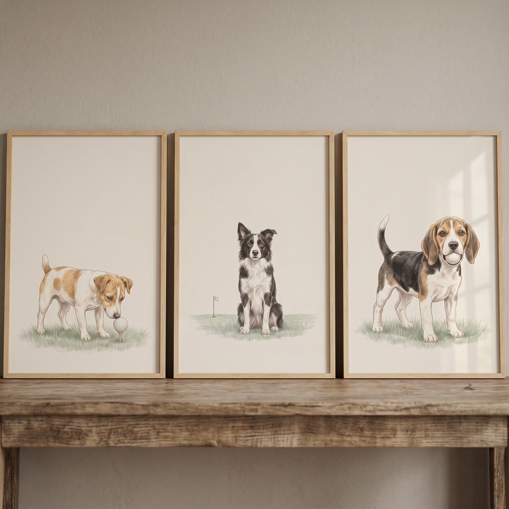 Refined Vintage Golfing Dogs Artwork Set of 3 - Golfing Hounds Trio