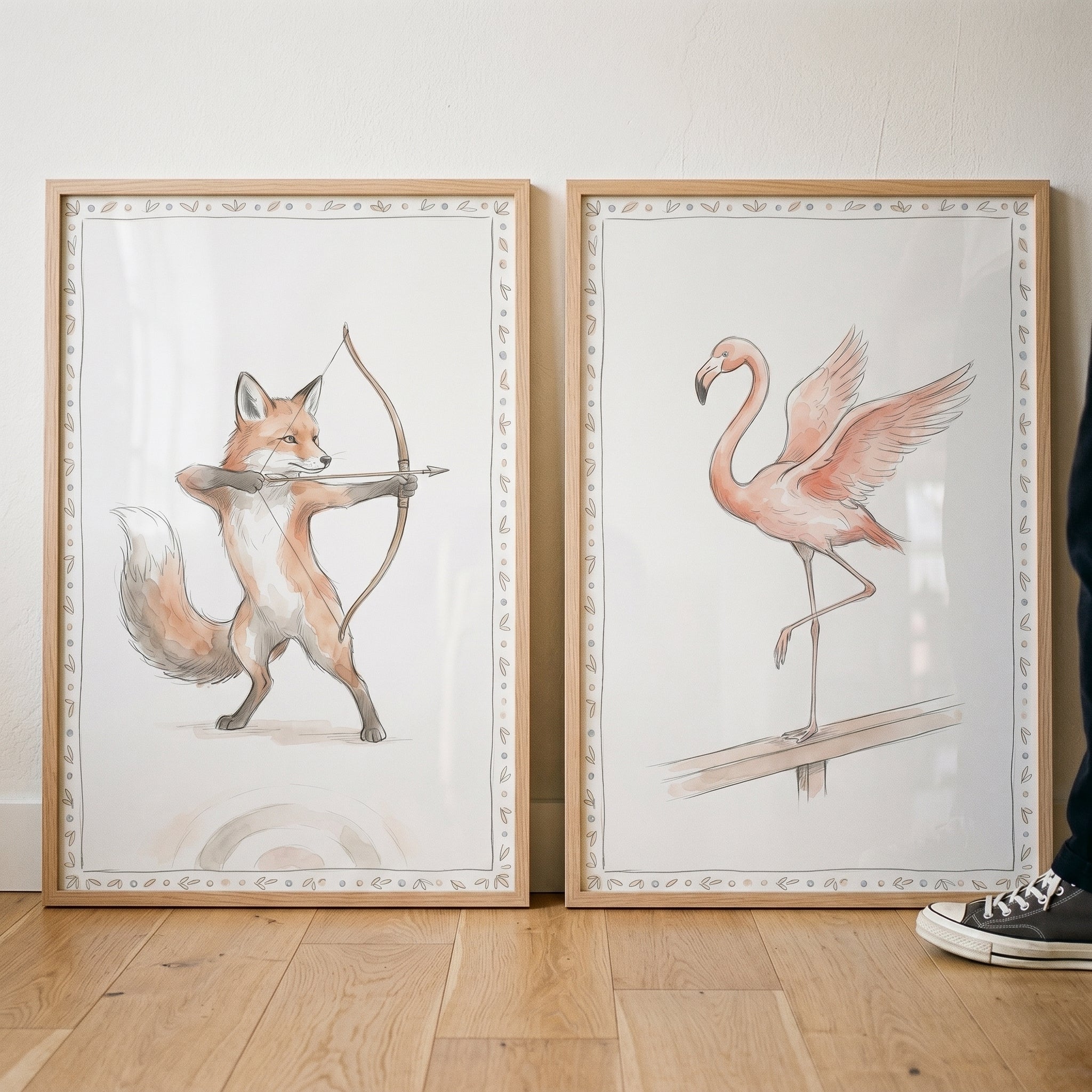 Refined Watercolor Athletic Animals Wall Art Set of 2 - Forest Archery Sketches