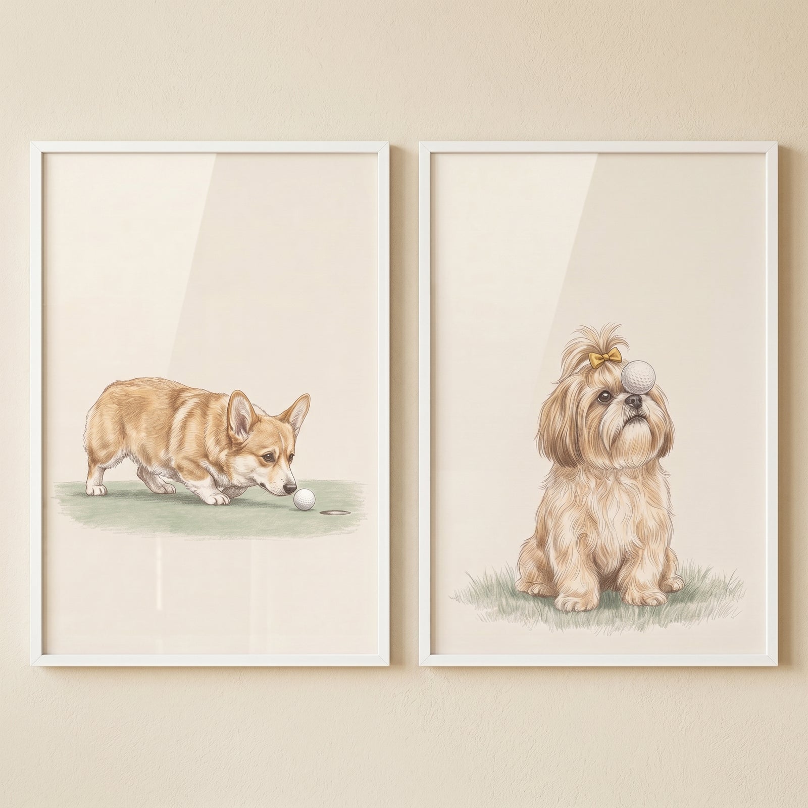 Refined watercolor illustrated golfing dogs artwork set of 2 features a corgi near a golf hole and a shih tzu with a ball.