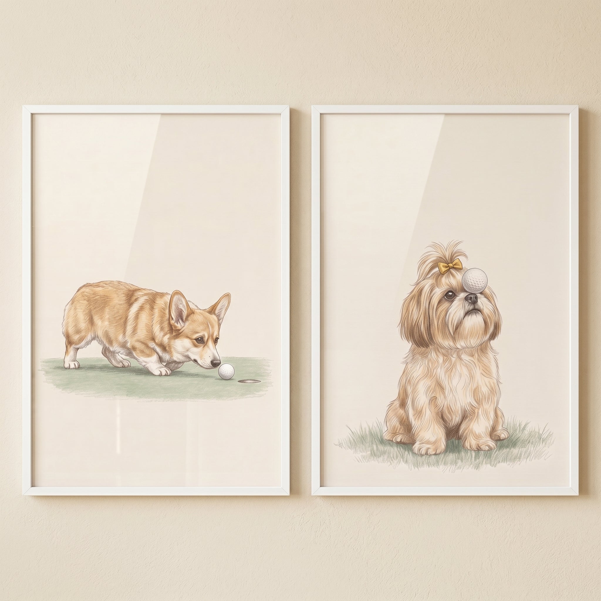 Refined Watercolor Illustrated Golfing Dogs Artwork Set of 2 - Golfing Pups Duo