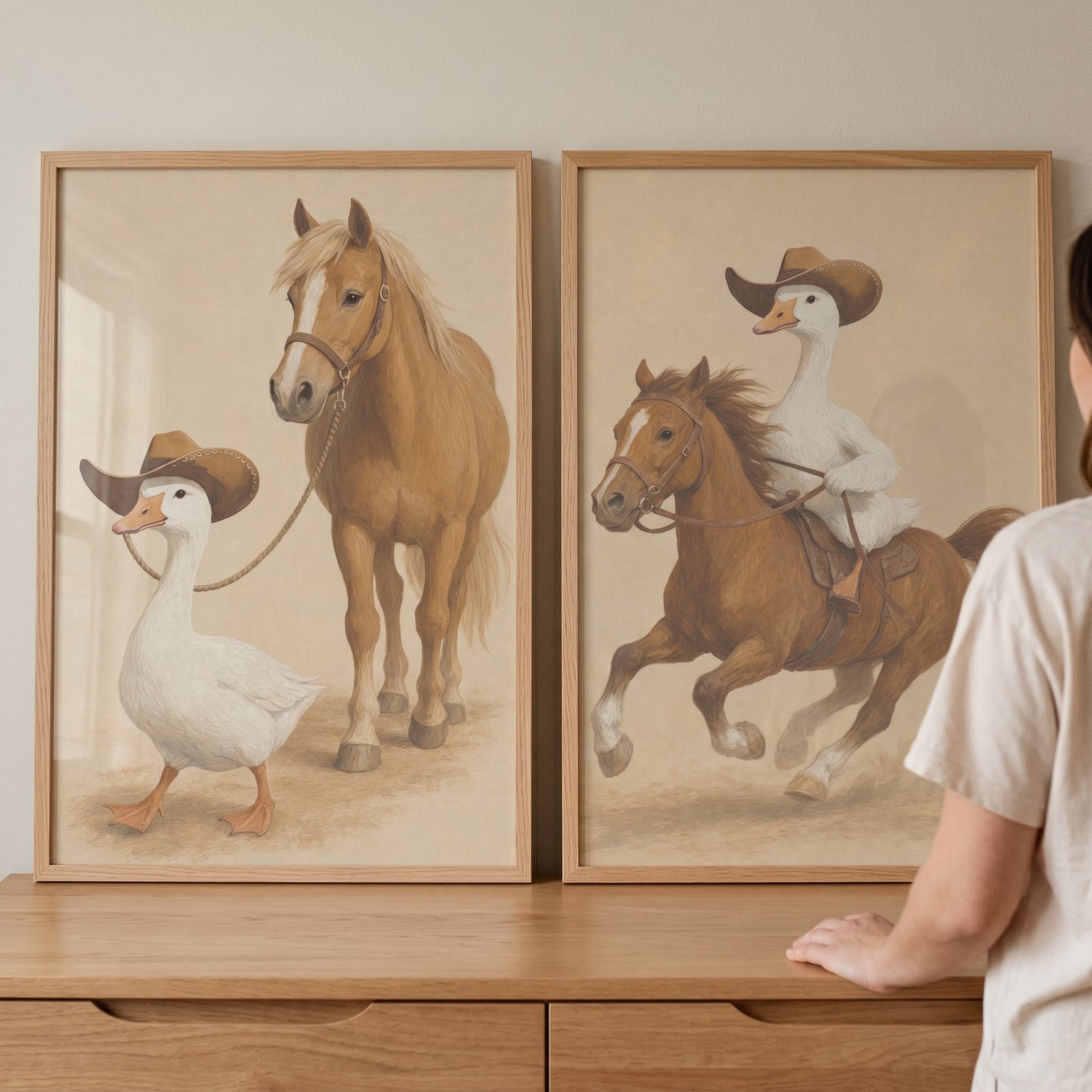 Refined western goose horse wall art set of 2 depicts a goose in a cowboy hat leading and riding a brown horse.