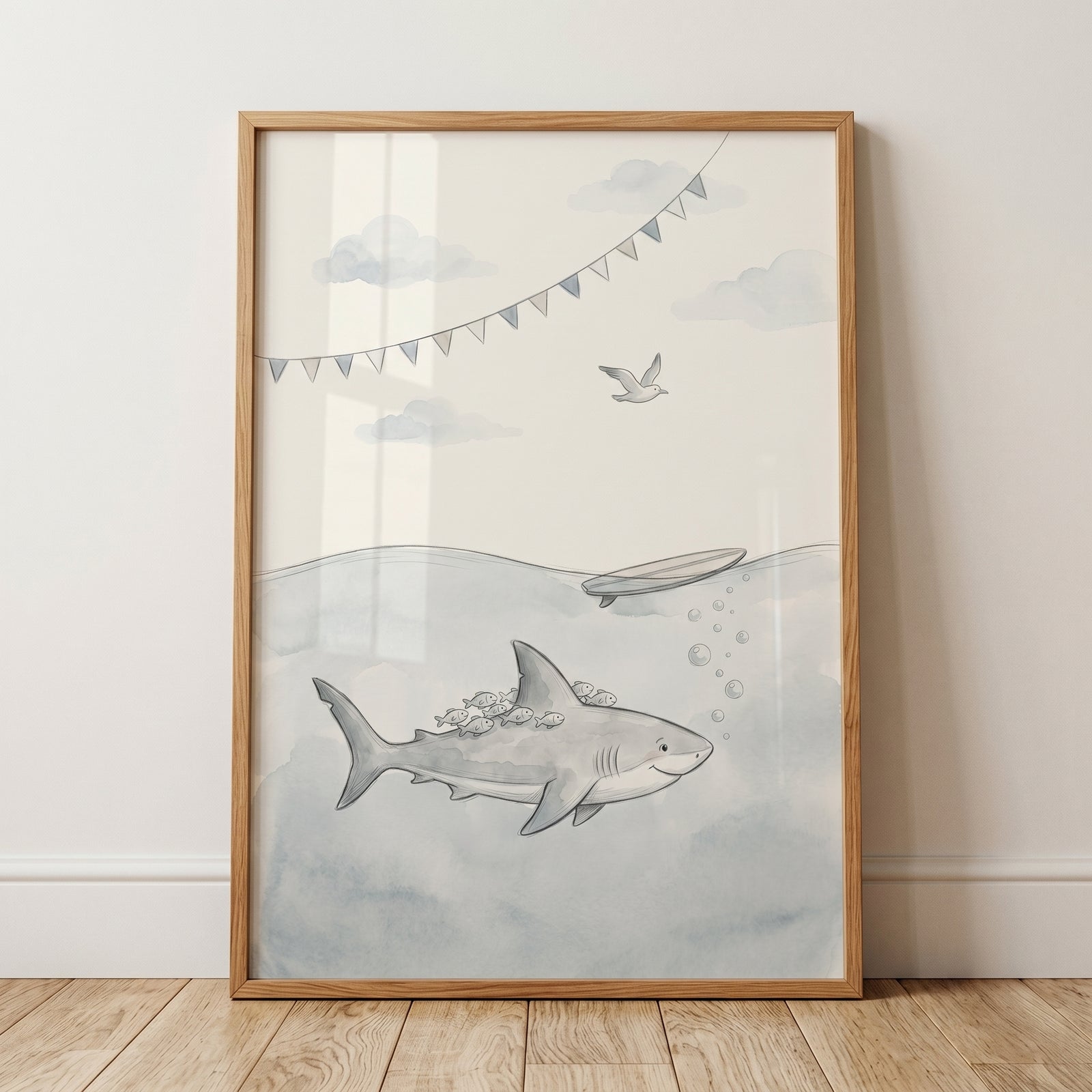 Watercolor remora fish friendly shark print featuring a shark, surfboard, clouds, and bunting flags in a wood frame.