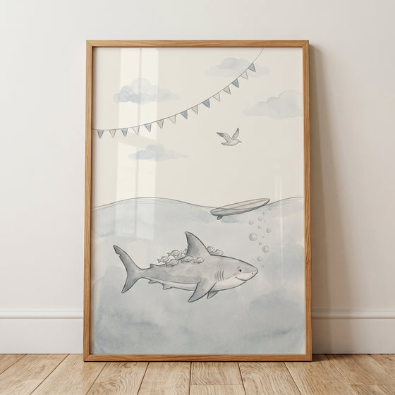 Watercolor remora fish friendly shark print featuring a shark, surfboard, clouds, and bunting flags in a wood frame.