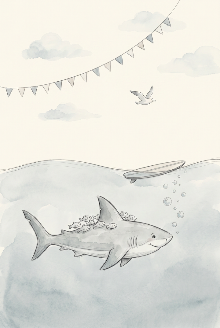 Remora fish friendly shark print showing a smiling shark underwater with a surfboard, seagull, and bunting flags.
