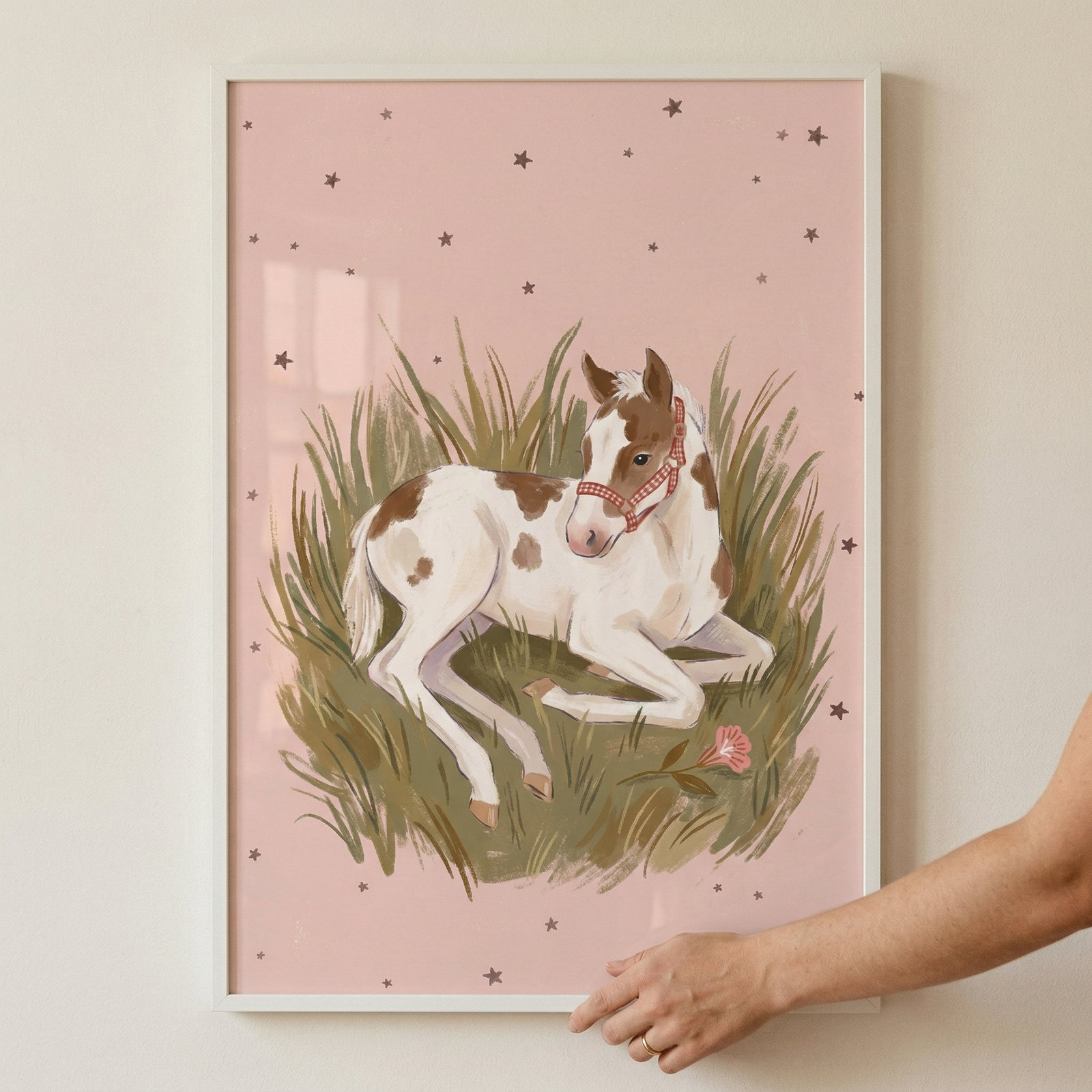 An illustration of a young, brown-and-white spotted foal resting nestled in tall green grass. The foal wears a red-and-white patterned halter and gazes over its back. Beside the animal, a single pink flower blooms. This scene is set against a dusty pink background scattered with small, dark stars. The artwork is presented in a minimalist white frame, held by a hand against an off-white wall.