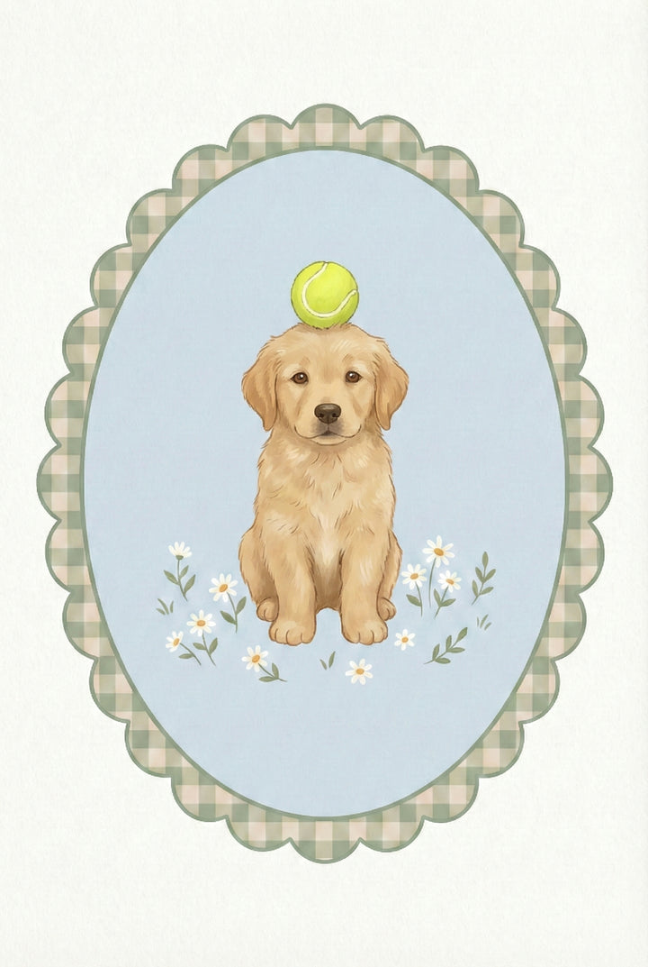Illustration of a golden retriever puppy sitting calmly with a bright green tennis ball balanced on its head. Small white daisies surround the puppy inside a scalloped oval frame with a green gingham border. The centered composition emphasizes balance and playful training.
