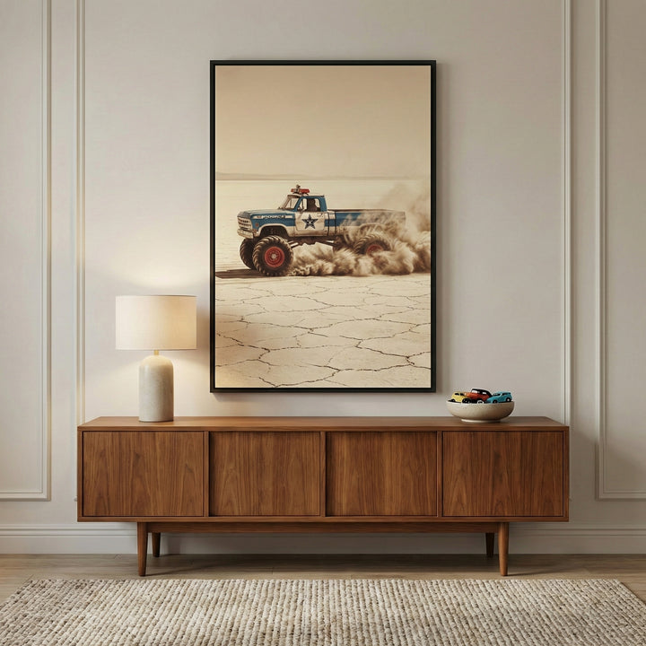 A vertical framed artwork hangs on a neutral wall with decorative molding, positioned above a long, mid-century modern wooden sideboard. The image within the frame features a blue and white lifted vehicle with oversized tires kicking up a large cloud of dust as it travels across a cracked, sun-bleached desert landscape. 

The wooden sideboard features four sliding doors and tapered legs. On its left side sits a minimalist lamp with a light-colored cylindrical base and a simple drum shade. On the right side 