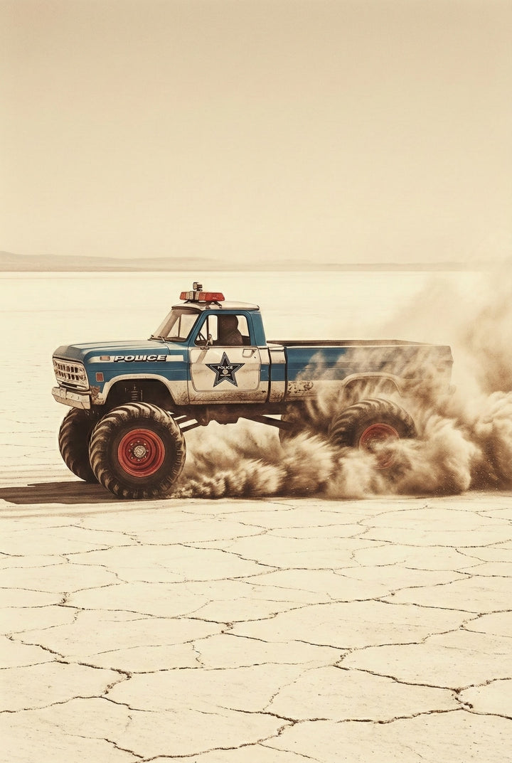 A blue and white vintage-style pickup truck, modified with massive off-road tires, speeds across a vast, cracked dry lake bed. The vehicle, featuring a star-shaped law enforcement emblem and a red light bar, kicks up a massive cloud of dust as it traverses the desolate, sepia-toned desert landscape.