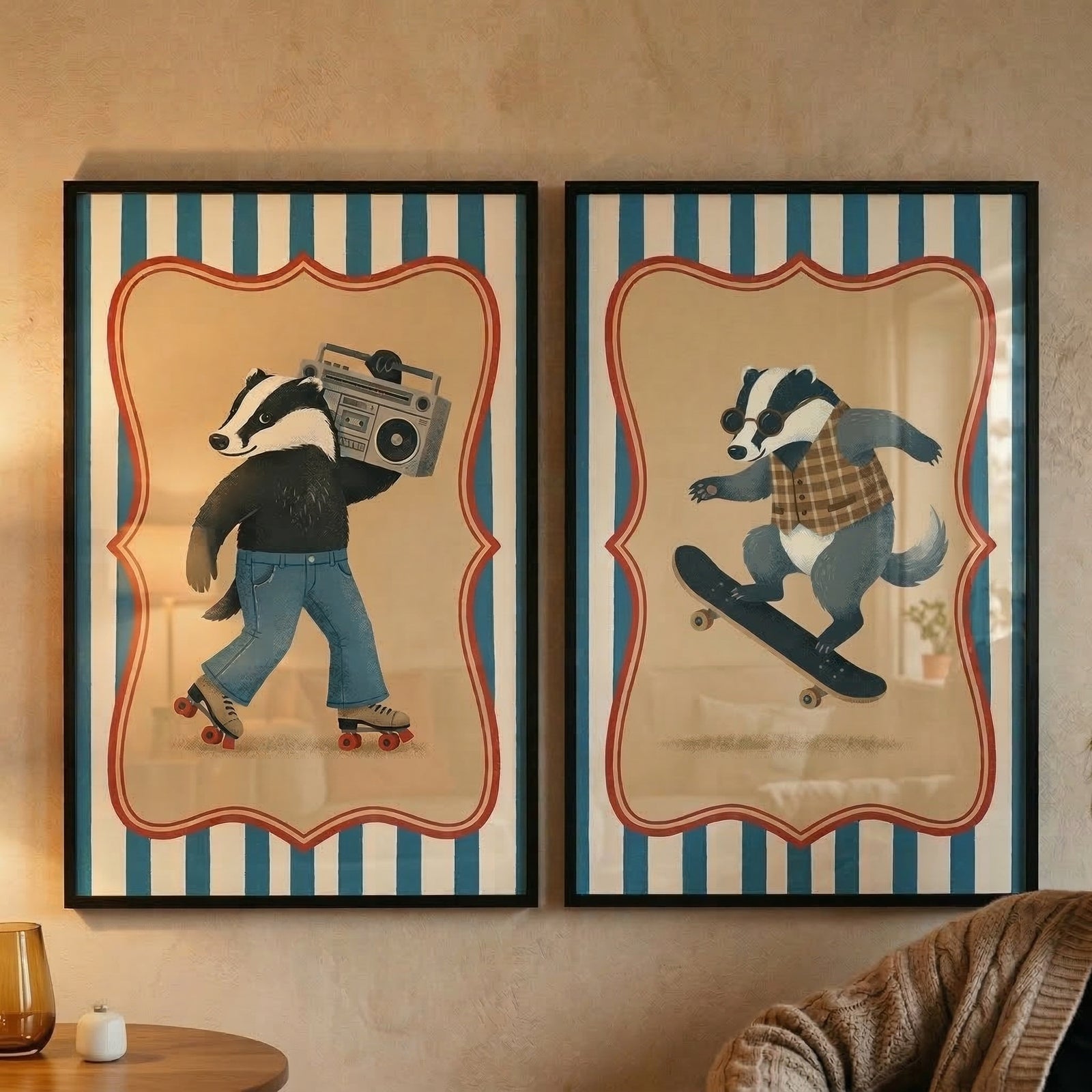 Two framed vertical illustrations are displayed side-by-side on a neutral-toned wall. Both pieces share a consistent aesthetic, featuring a background of bold vertical blue and white stripes. Within each, an ornate red border frames a central tan area that highlights a whimsical, anthropomorphic badger character. In the left illustration, the badger is shown in a dynamic pose, as if moving across the frame. It wears a dark long-sleeved shirt and blue trousers, with red and white roller skates on its paws.