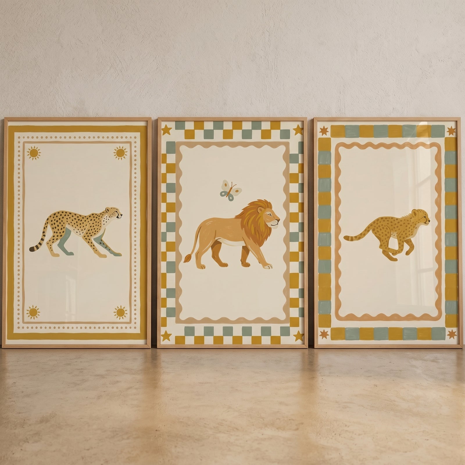 Retro eclectic safari animal artwork set of 3 with framed lion and cheetah illustrations and patterned borders.