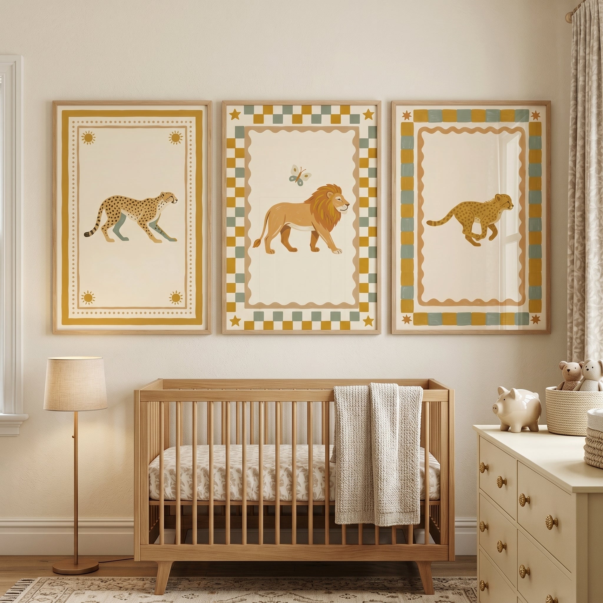 Retro Eclectic Safari Animal Artwork Set of 3 - Golden Safari Trio