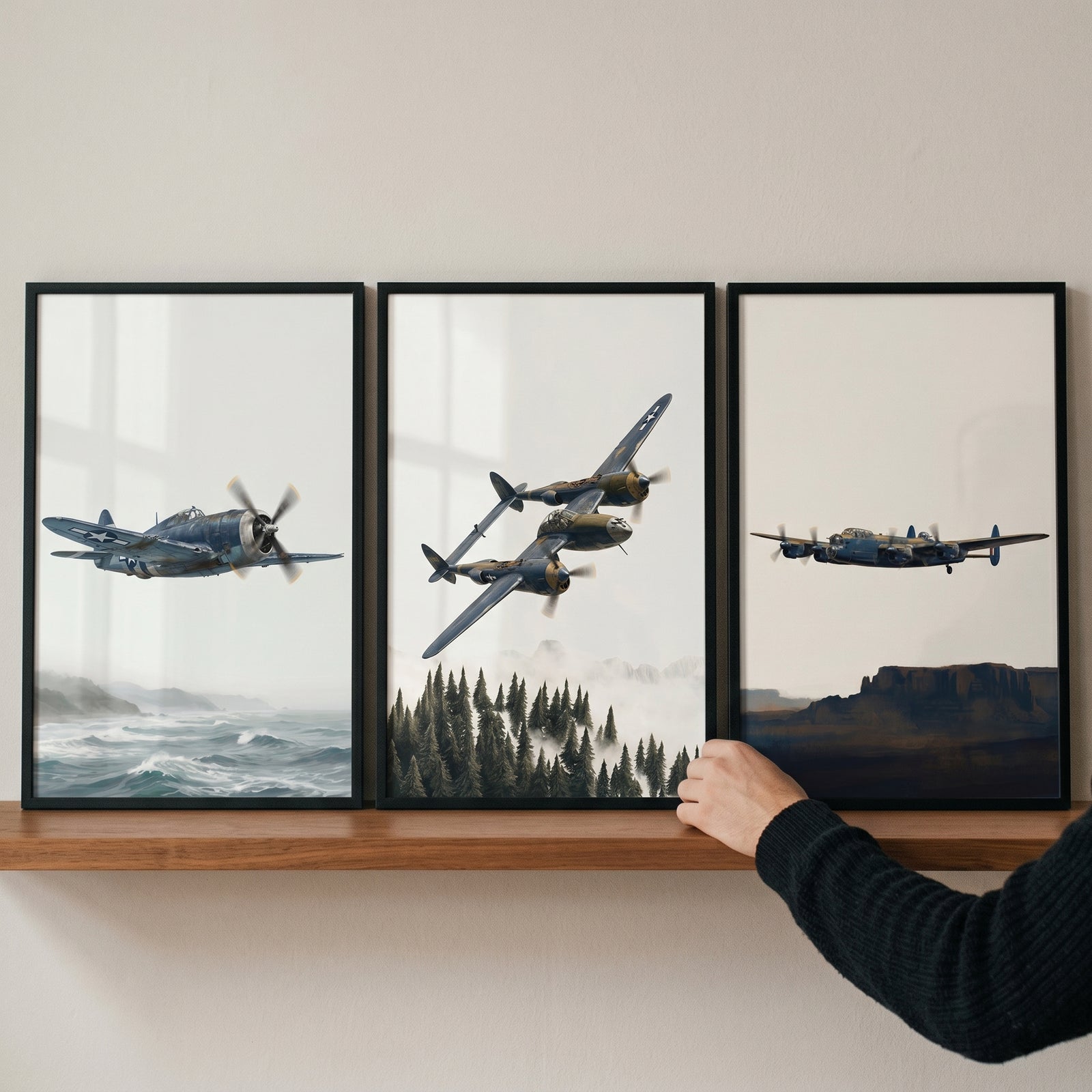 Retro flight military airplane wall art set of 3 showing vintage aircraft over ocean, forest, and desert landscapes.